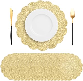 50 PCS Light Gold Placemats Disposable, Disposable Scalloped Placemat, 13.5" Shiny Golden Place Mats, for Birthday Wedding Holiday Party Home Dining Tableware