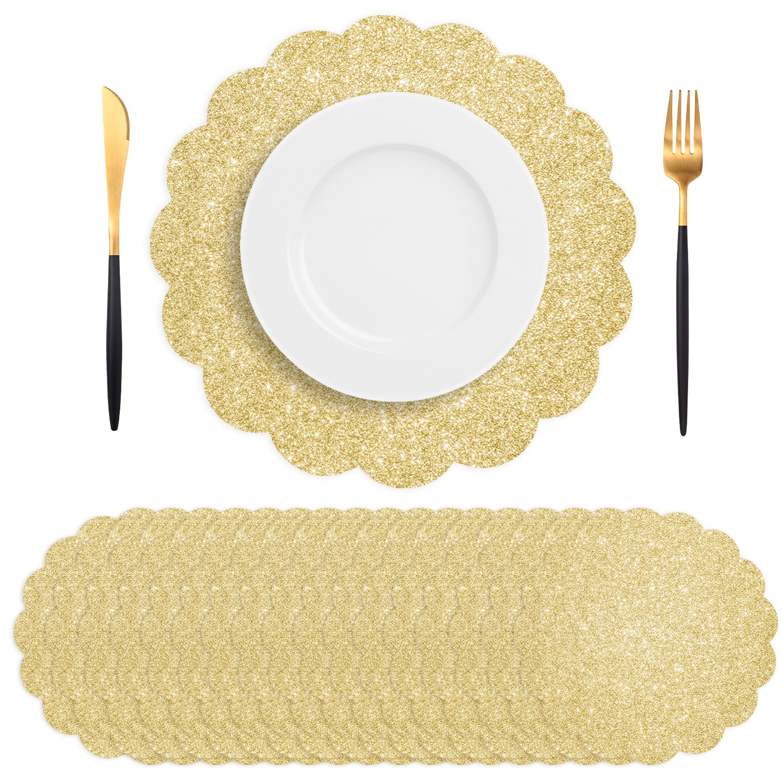 50 manteles individuales desechables color dorado claro, manteles individuales festoneados desechables de 13.5 pulgadas, para cumpleaños, boda, vacaciones, fiesta, hogar, comedor, vajilla