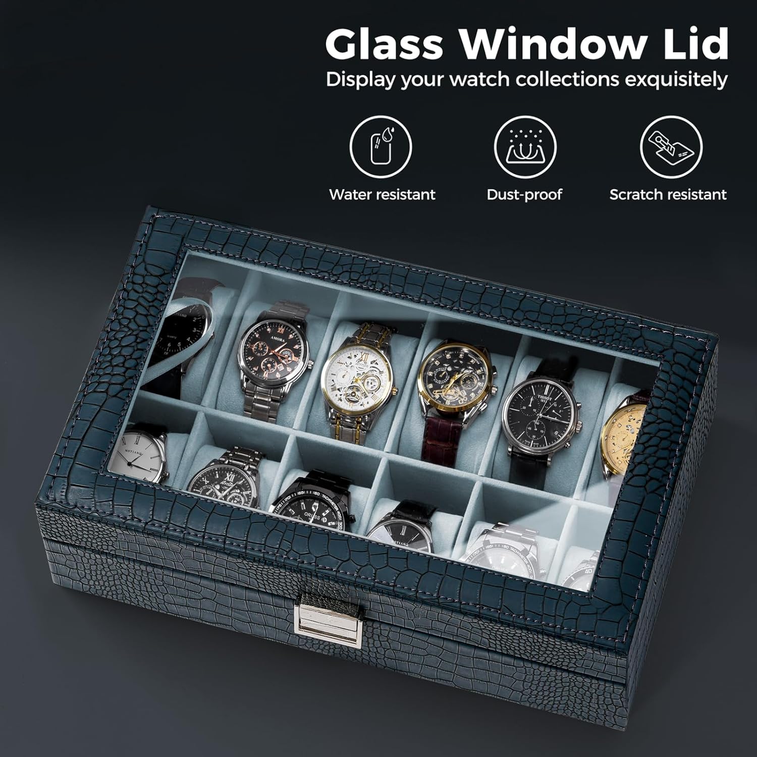 ProCase Watch Box Organizer, 12 Slot Watch Display Case With Glass Lid, Watch Storage Holder Mens Watch Case, Anniversary Birthday Valentine Gifts for Men Women -12 Slot, CrocCobaltBlue