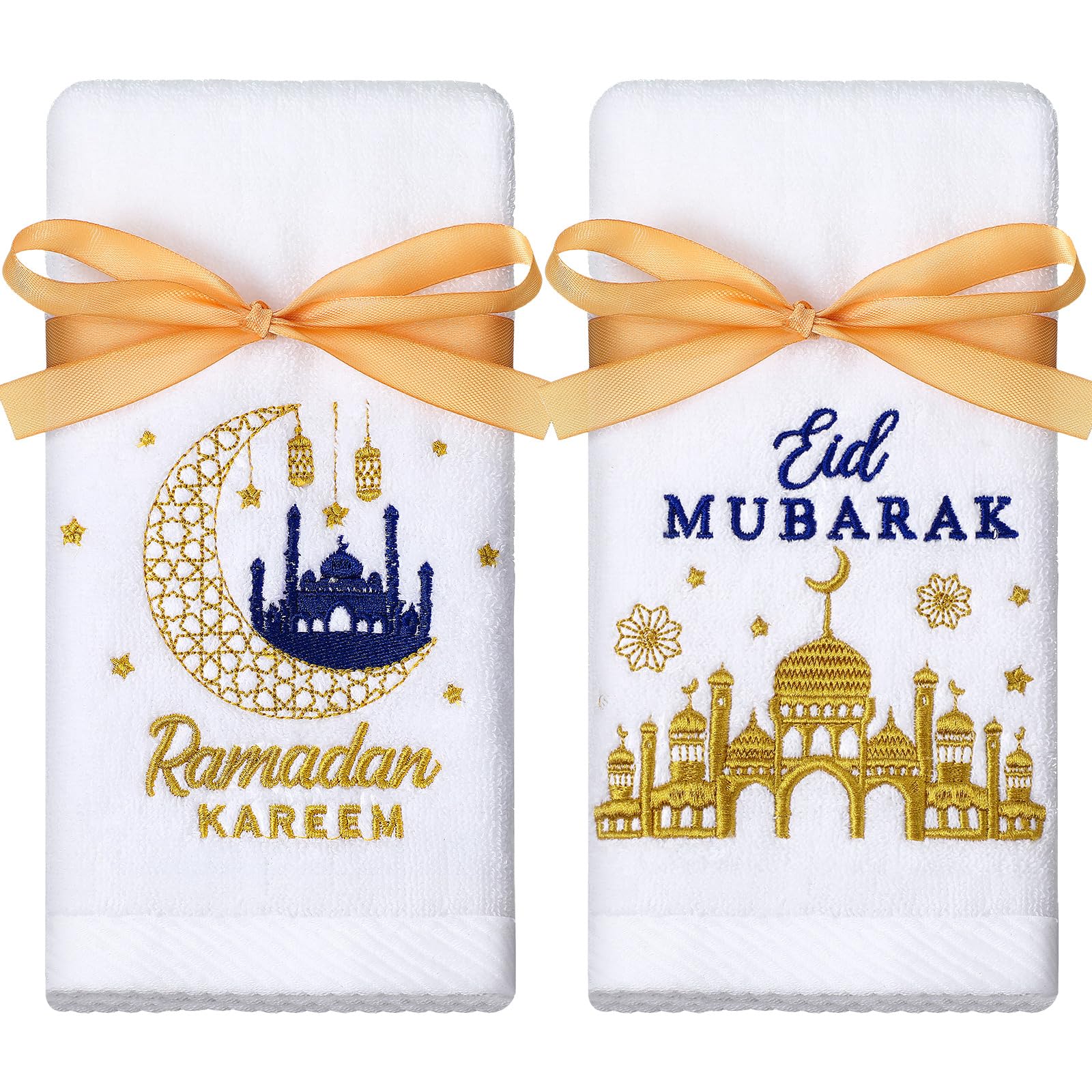 2 Pack Ramadan Hand Towels Cotton Embroidered 13.7'' x 29.5'' Decorative Eid Mubarak Tea Dish Towels Moon Star Ramadan Kareem Gift Set for Kitchen Bathroom Cleaning Drying