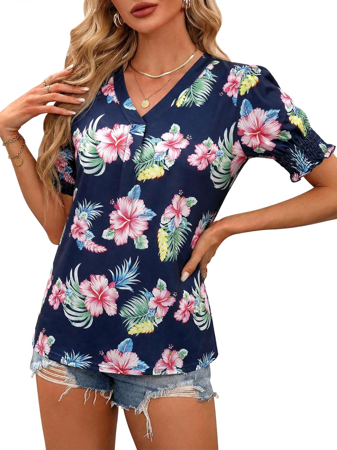 ZXZY Women Ruffle Short Sleeve Pleated V Neck Floral Print Hawaiian Shirts Blouse Tops - Image 4