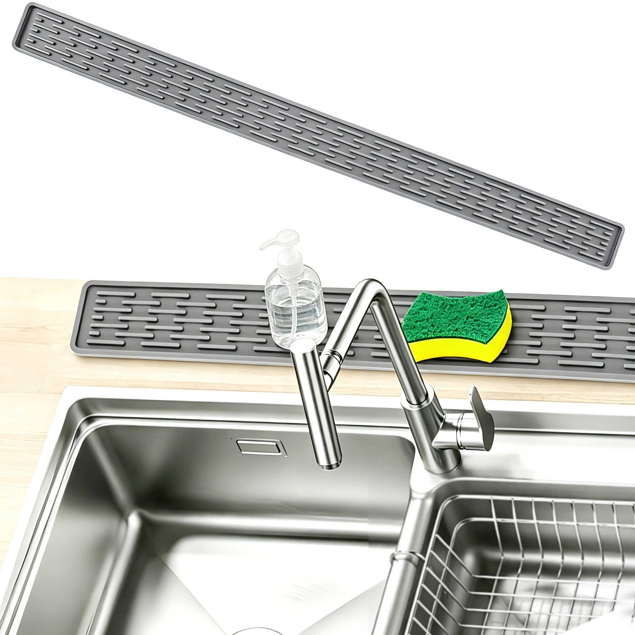Silicone Sink Faucet Mat Kitchen Narrow Draining Mat 70 x 5.4cm (Grey)