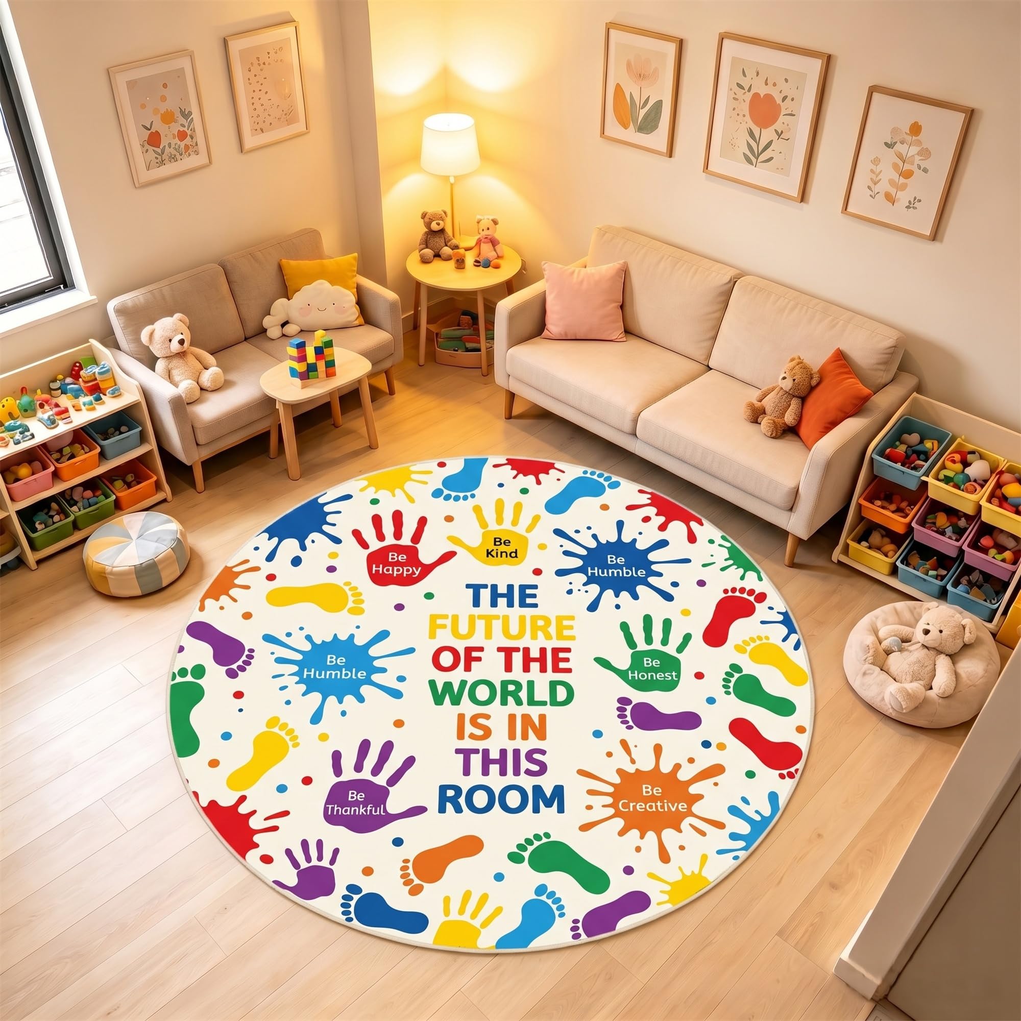 Round Rug Washable, 60cm Kids Playroom Non Slip Low-Pile Handprints Carpet