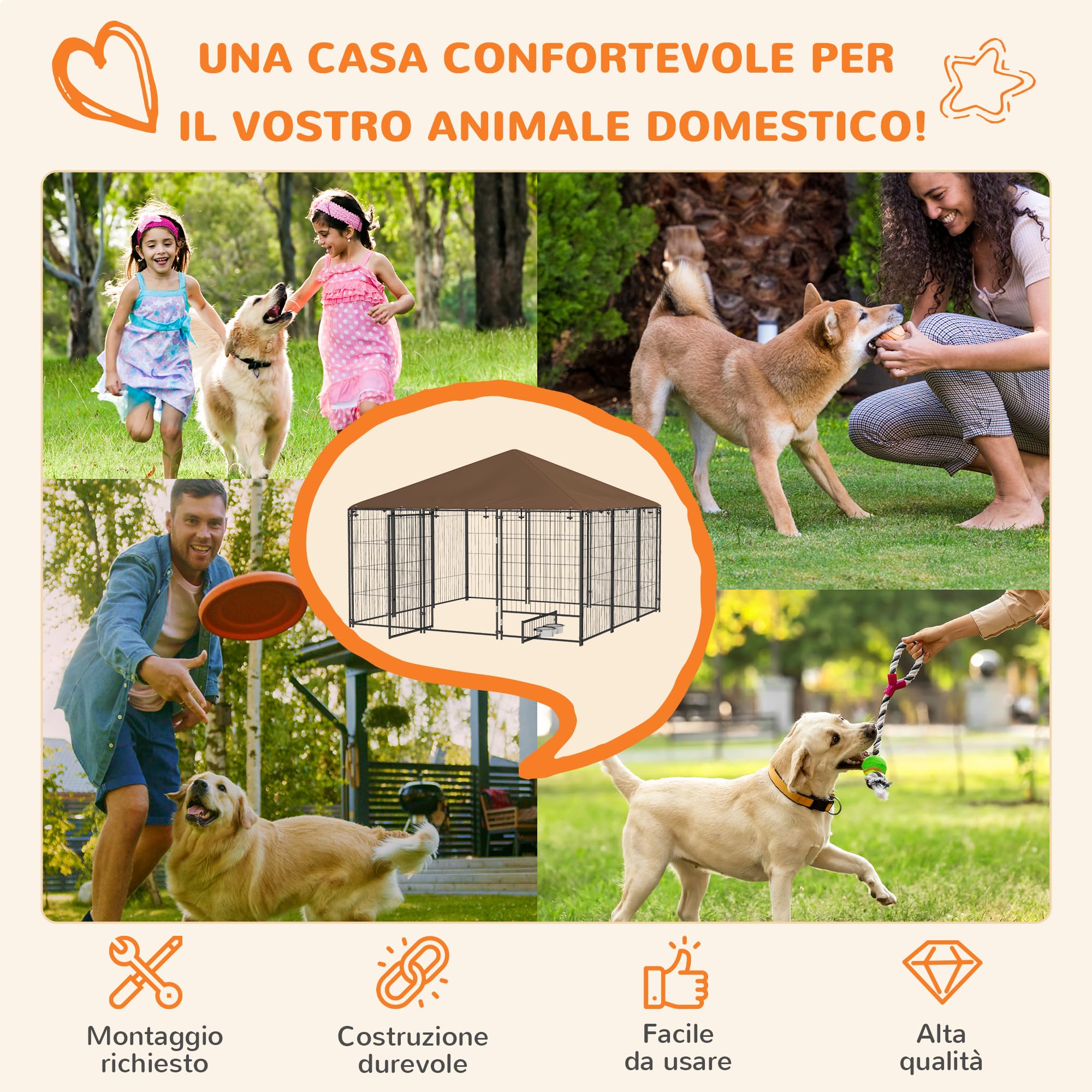 PawHut Recinto per Cani da Esterno, Box per Cani in Acciaio 211x211x151 cm con Tetto Anti-UV, Impermeabile, Ciotola Girevole, Kennel Recinzione Spazioso per Cuccioli, Giardino, Nero e Marrone