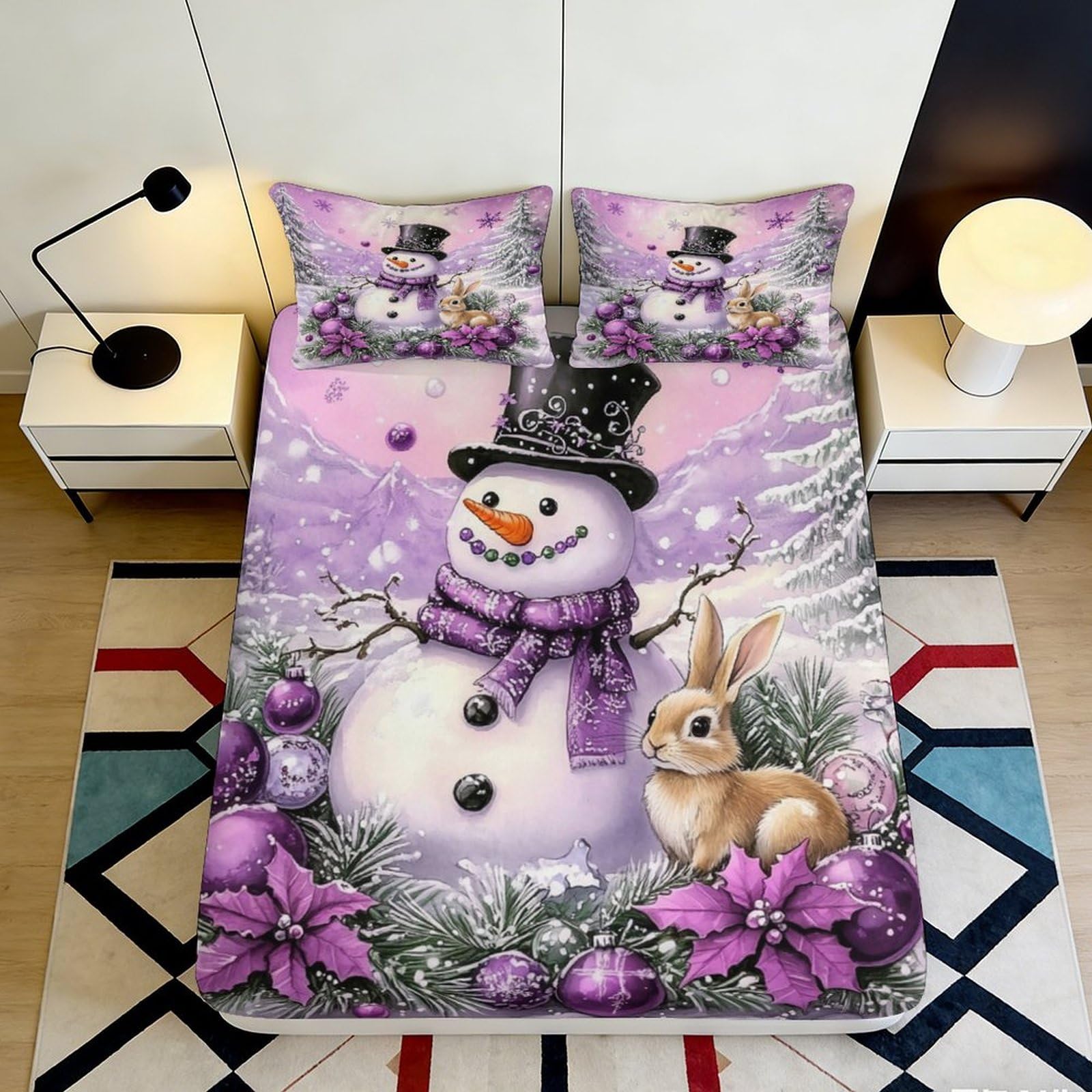 3D Printed Snowman Purple Forest Fitted Sheet Microfiber Soft Decorative Rabbit Christmas Bed Cover for Bedroom Dorm 140x200x25cm