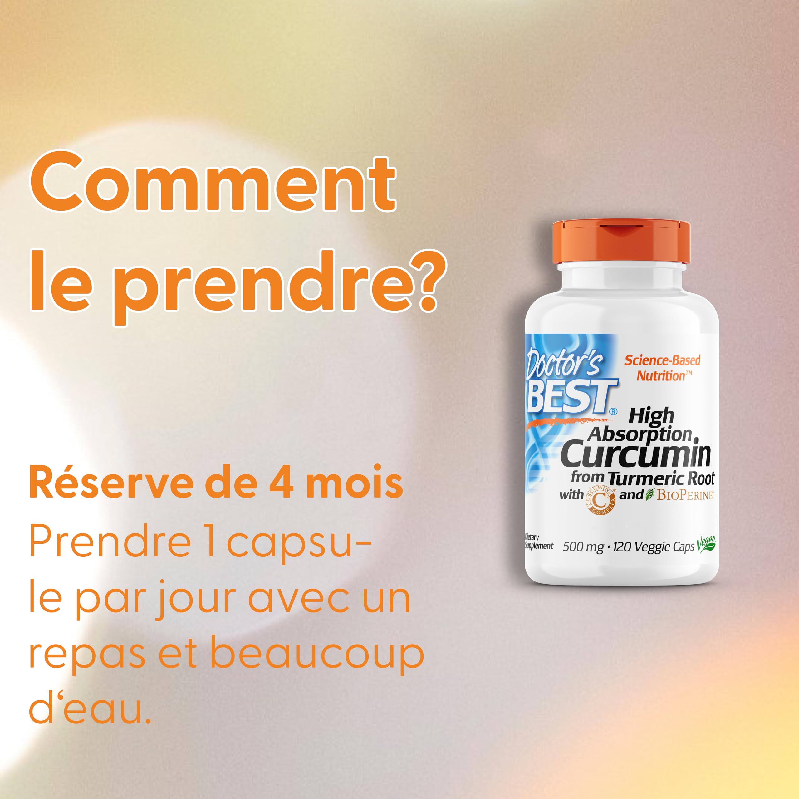 Doctor's Best, High Absorption Curcumin (Curcumine à Haute Absorption), 500mg, 120 Capsules, Curcuma, Sans Gluten, Sans Soja, sans OGM