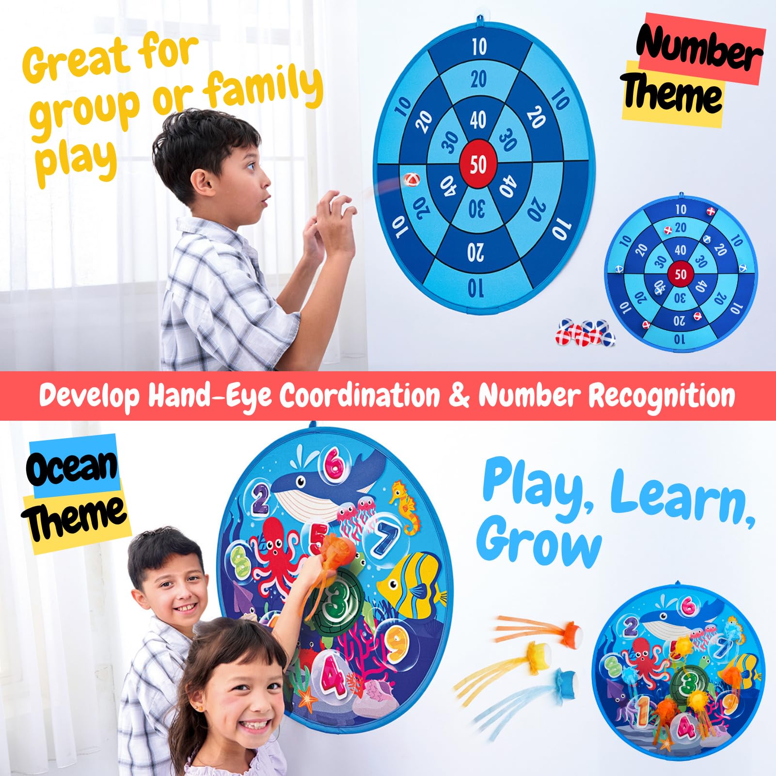 Grip Kids Juego de diana de doble cara con temática de números y océanos, tablero de dardos grande de 26 pulgadas con bolas adhesivas y bolas de lanzamiento de medusas, juguete de regalo para