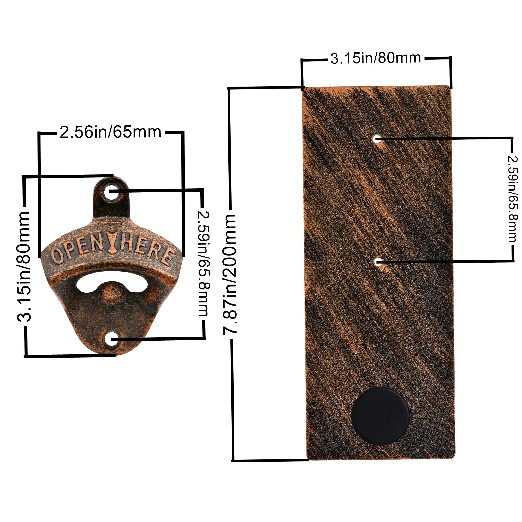 Abridor de botellas de hierro fundido antiguo montado en la pared con tapa magnética y tablero de metal para refrigerador (cobre antiguo)