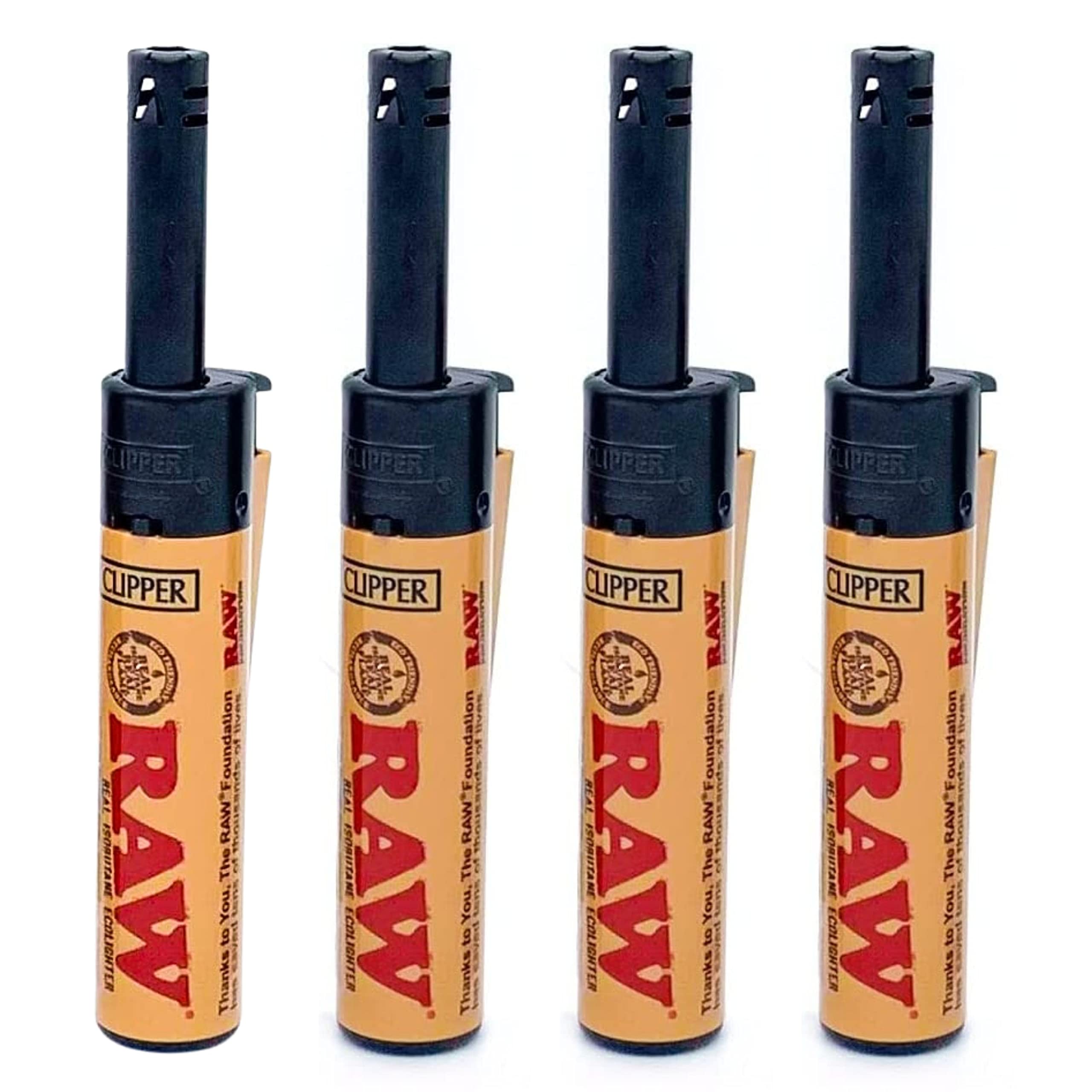 Zactly - Set of 4 Clipper Lighters, Various Designs, Regular Refillable Standard Size Lighter Replaceable Flint (Raw Mini Tube Light Brown)