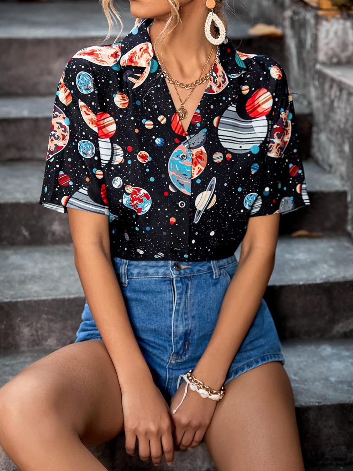 Floerns Women's Casual V Neck Collared Button Up Blouse Top Print Summer Shirt - Image 3