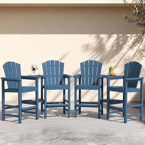 KINGYES Juego de 4 sillas altas Adirondack de polietileno en relieve con bandeja de conexión, sillas altas de polietileno Adirondack con veta de