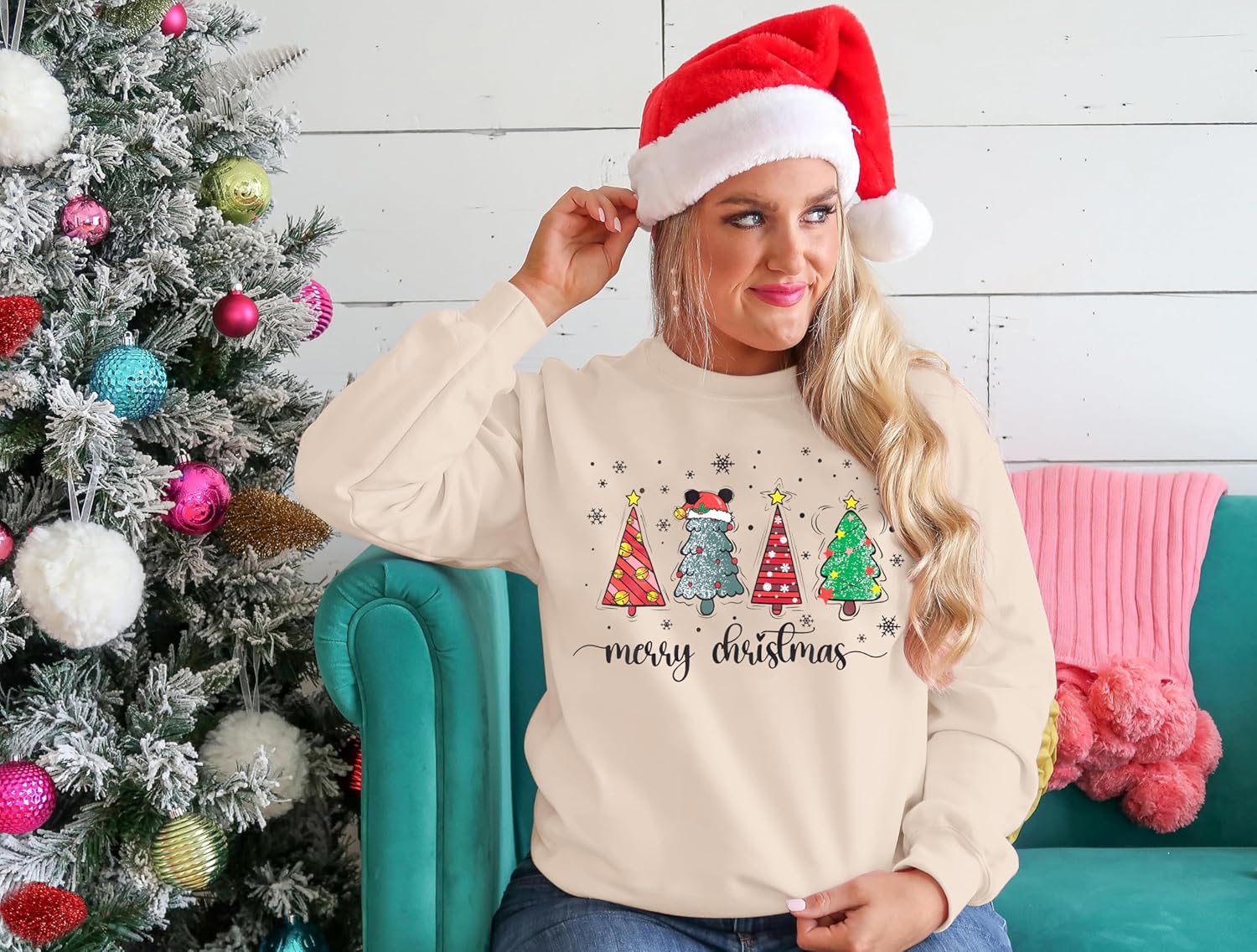 QLIPIN Merry Christmas Sweatshirt Christmas Tree Sweatshirts Women Oversized Xmas Crewneck Holiday Sweater Shirts - Image 2