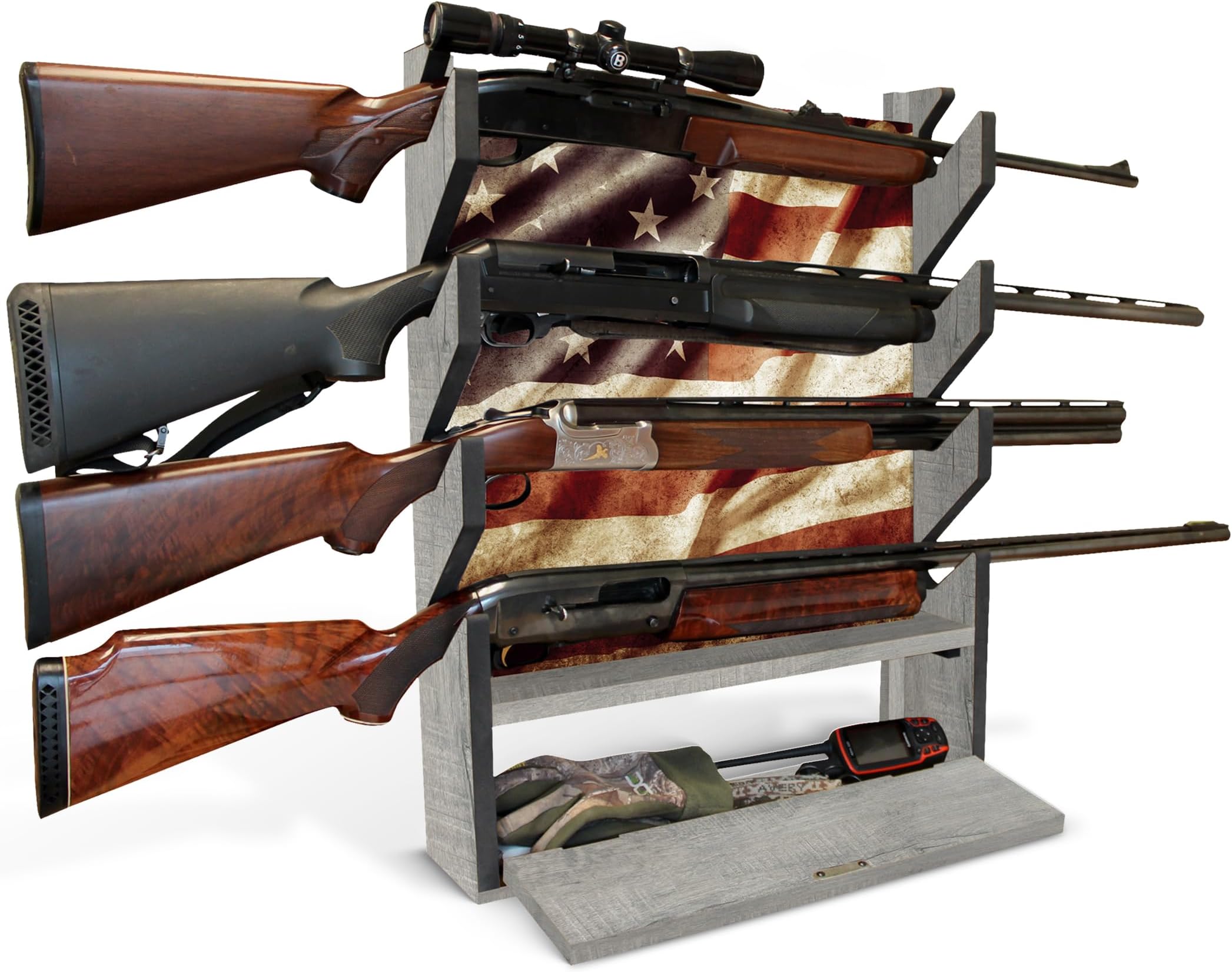 Rush Creek Creations Gun Rack, Wall Mount Gun Rack for Rifles or Shotguns, Patriotic American Flag Design, Additional Storage for Gun Accessories
