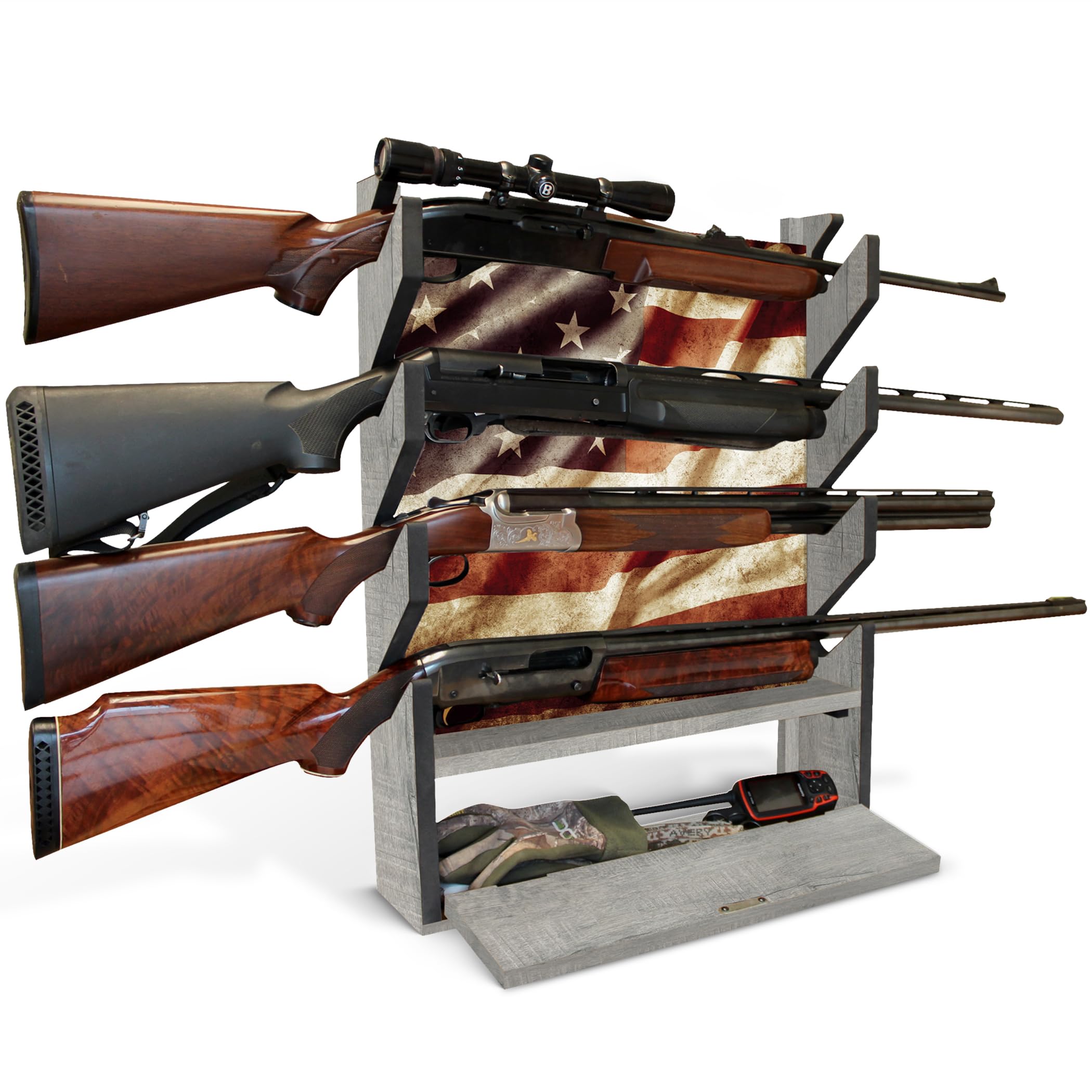 Rush Creek Creations Gun Rack, Wall Mount Gun Rack for Rifles or Shotguns, Patriotic American Flag Design, Additional Storage for Gun Accessories