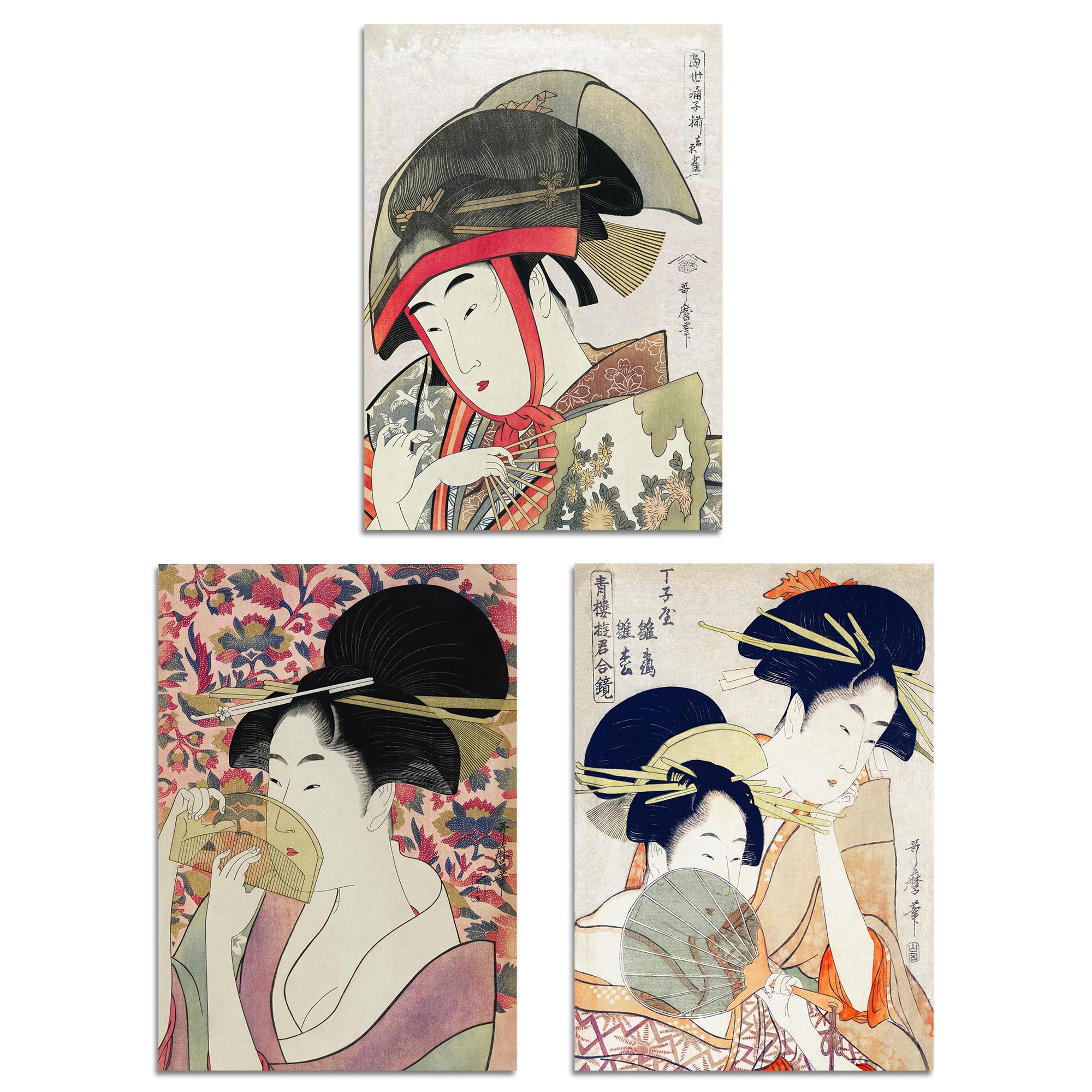 Artery8 Set of 3 Kitagawa Women Japanese Ukiyo-e Pink Blue Wall Art Prints A4 Size Living Room Decor