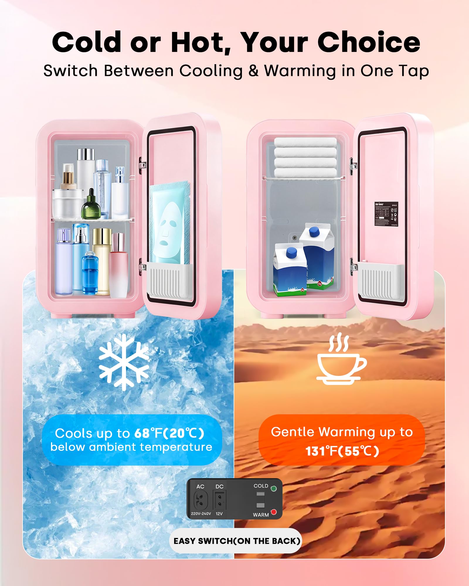 Enventor Mini Frigo Rosa, 6L 8 Lattine, con Specchio LED Dimmerabile