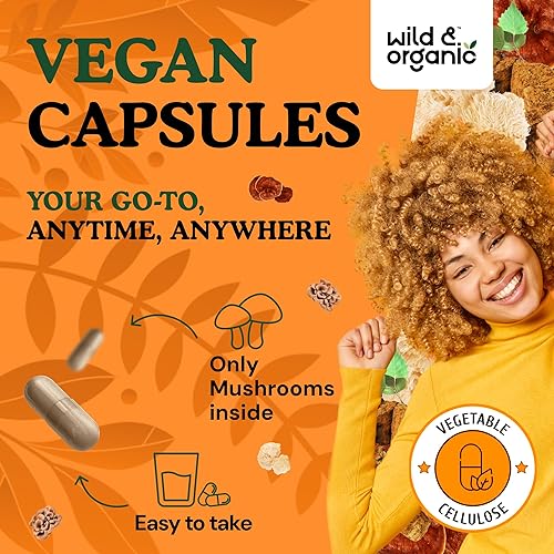 Miniatura 4 de Wild & Organic Cápsulas de complejo de hongos inmunes  8 suplementos de mezcla de hongos para apoyo inmunológico con cola de pavo, chaga, polvo de