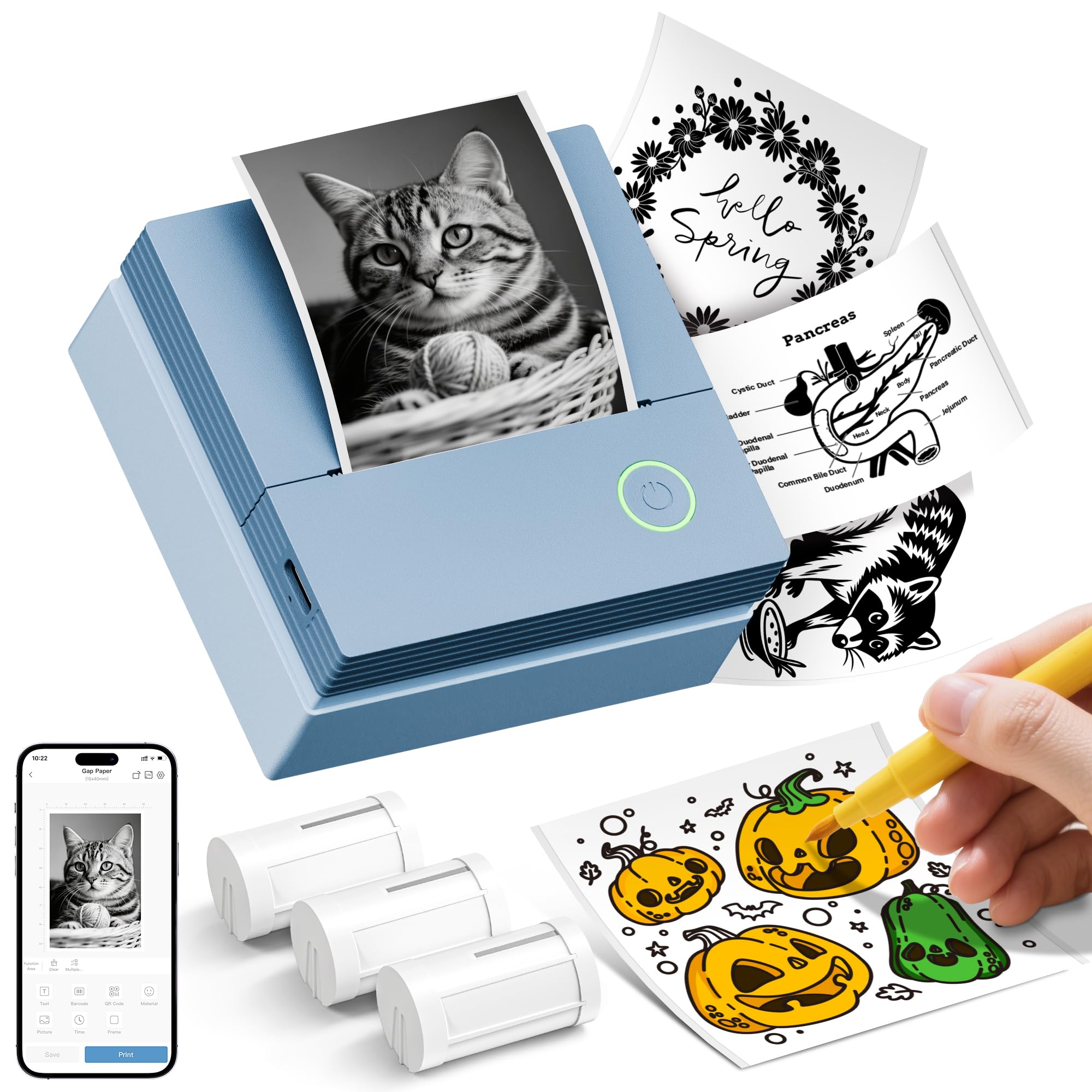 Sticker Printer, PM290C Portable Mini Printer, Inkless Bluetooth Sticker Maker with 3 Rolls Paper, Impresora Portátil for Notes, Journal, DIY, Gift, Print Pod for School/Office/Home, Blue