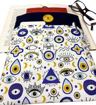 Kitap Kılıfı/Tablet Kılıfı/Ebook Kılıfı/Çok Amaçlı Kılıf/Book Sleeve/Tablet Sleeve (Nazar Bıncukarı, Gözler, Hamsa, Lacivert-Beyaz)
