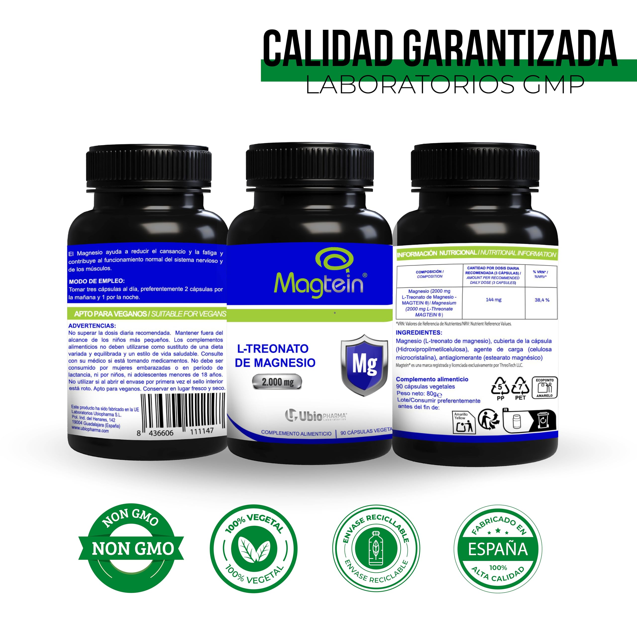 L-Treonato de Magnesio Magtein® 2000 mg – 90 Cápsulas Fórmula Clínica Aprobada EFSA – Mejora la Memoria, Concentración, Claridad Mental, Salud Cerebral y Mejora del Sueño - Magnesium L Threonate