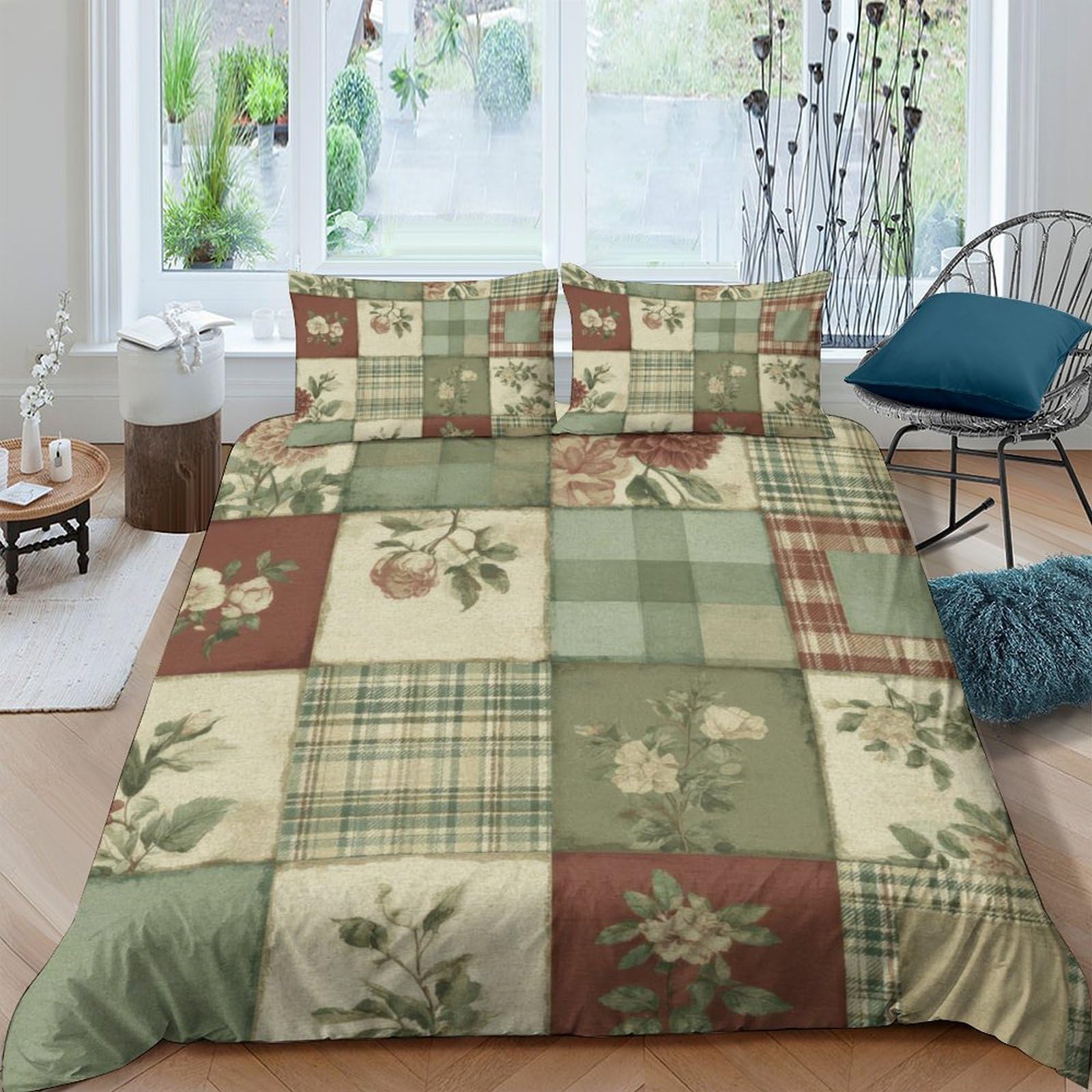 GPLZQXKJNH 3D Printed Green Botanical Patchwork Duvet Cover Set Microfiber Soft Breathable Floral Plaid Bedding with 2 Pillowcases Single（135x200cm）