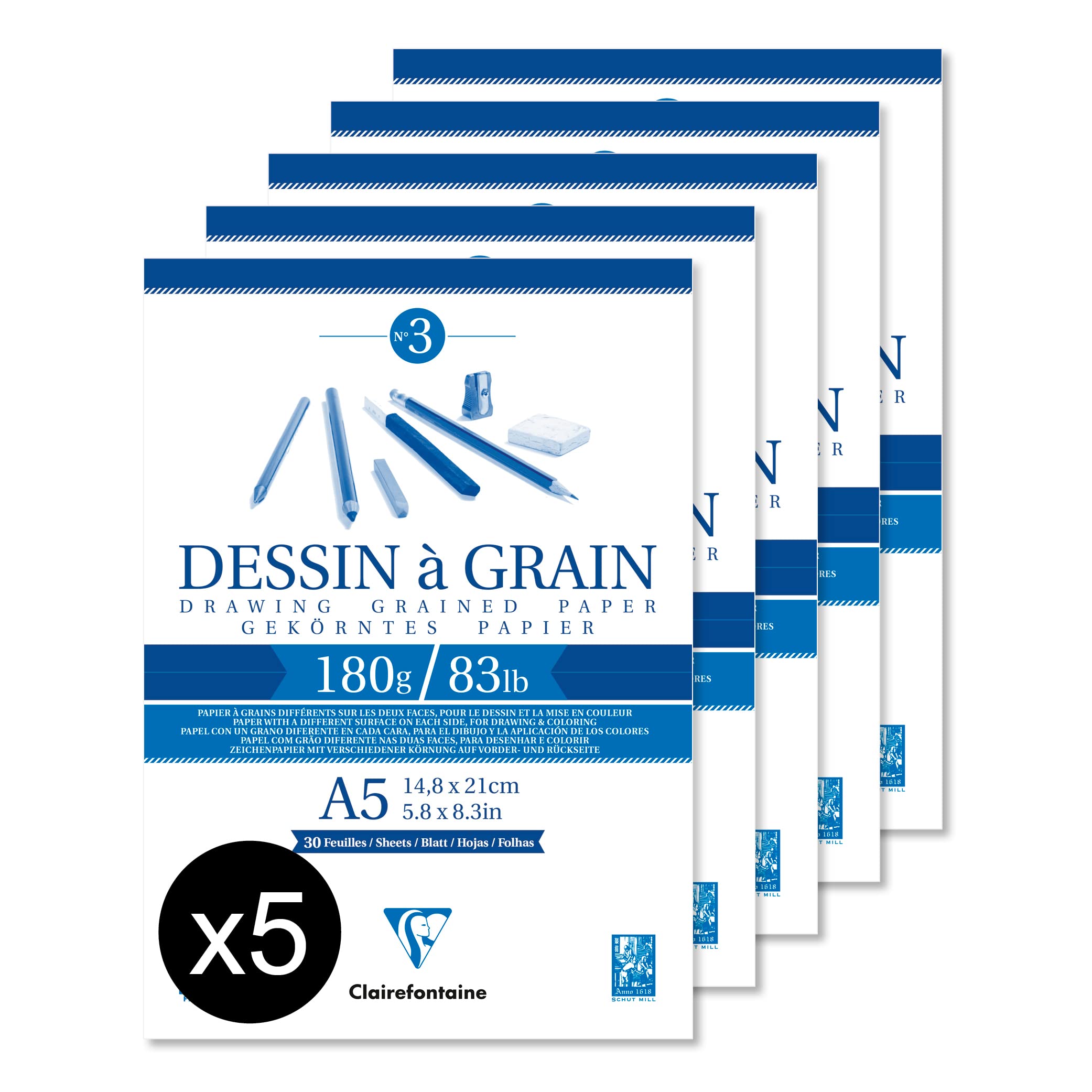 Clairefontaine 96626C – Blok rysunkowy klejony o wyraźnej fakturze – 30 arkuszy papieru rysunkowego A5 (14,8x21 cm), 180 g – odpowiedni do rysunku ołówkiem, pisakiem i węglem – opakowanie 5 sztuk
