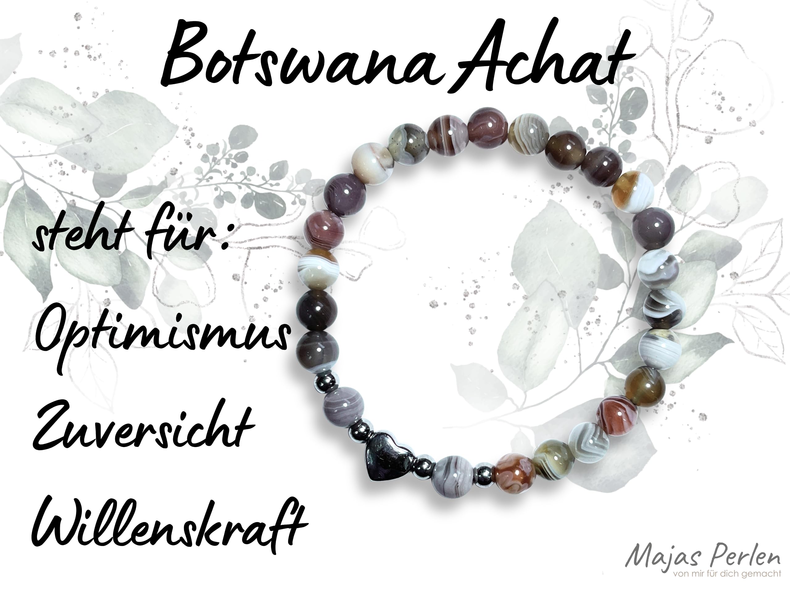 Botswana Achat Armband Perlen echt 6mm Herz Edelstahl Silber Gold Roségold ionisiert - Handmade Perlenarmband Willenskraft Optimismus Zuversicht - Spiritueller Schmuck Damen Mädchen