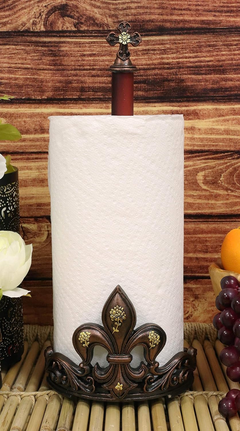 Ebros 16" Tall Southwestern Rustic Vintage Fleur De Lis Emblem with French Fleury Cross Top Crown Paper Towel Holder Display Dispenser Stand Kitchen Bathroom Home Decor in Bronze Patina Finish