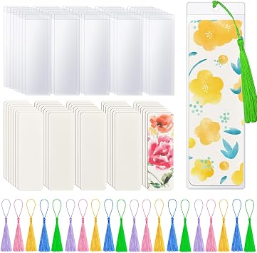 50 Pieces Watercolor Paper Blank Bookmarks with 50 Pieces Colorful Tassels 50 Pack PVC Bookmark Sleeves Watercolor Paper Bookmarks for Classroom Projects Gifts Tags Crafts, 1.9 x 5.9 Inch