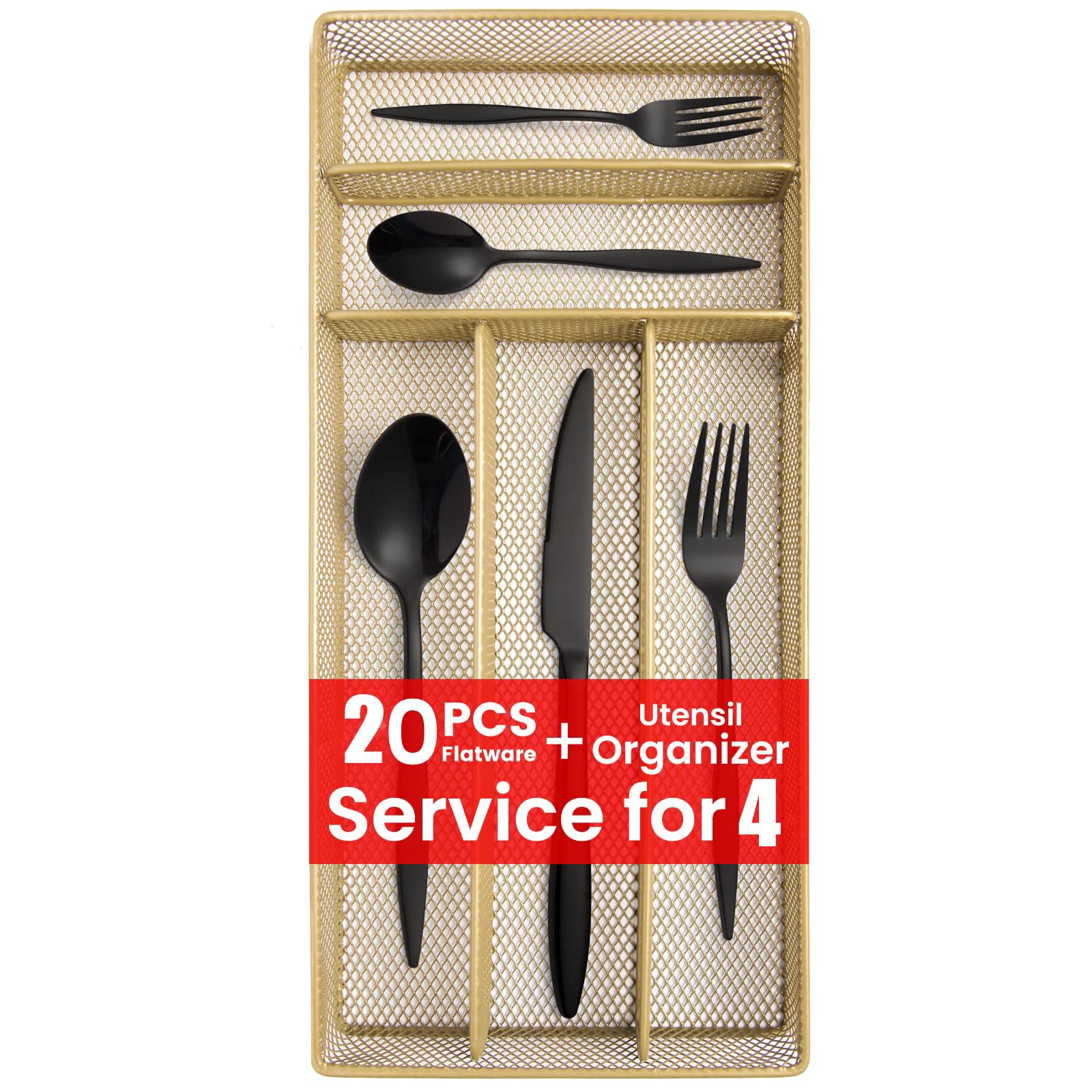 20-Piece Black Silverware Set with Tray, KITWARE Stainless Steel Flatware Set for 4, Cutlery Utensil Sets for Home Restaurant Office, Include Knife Spoon Fork Set
