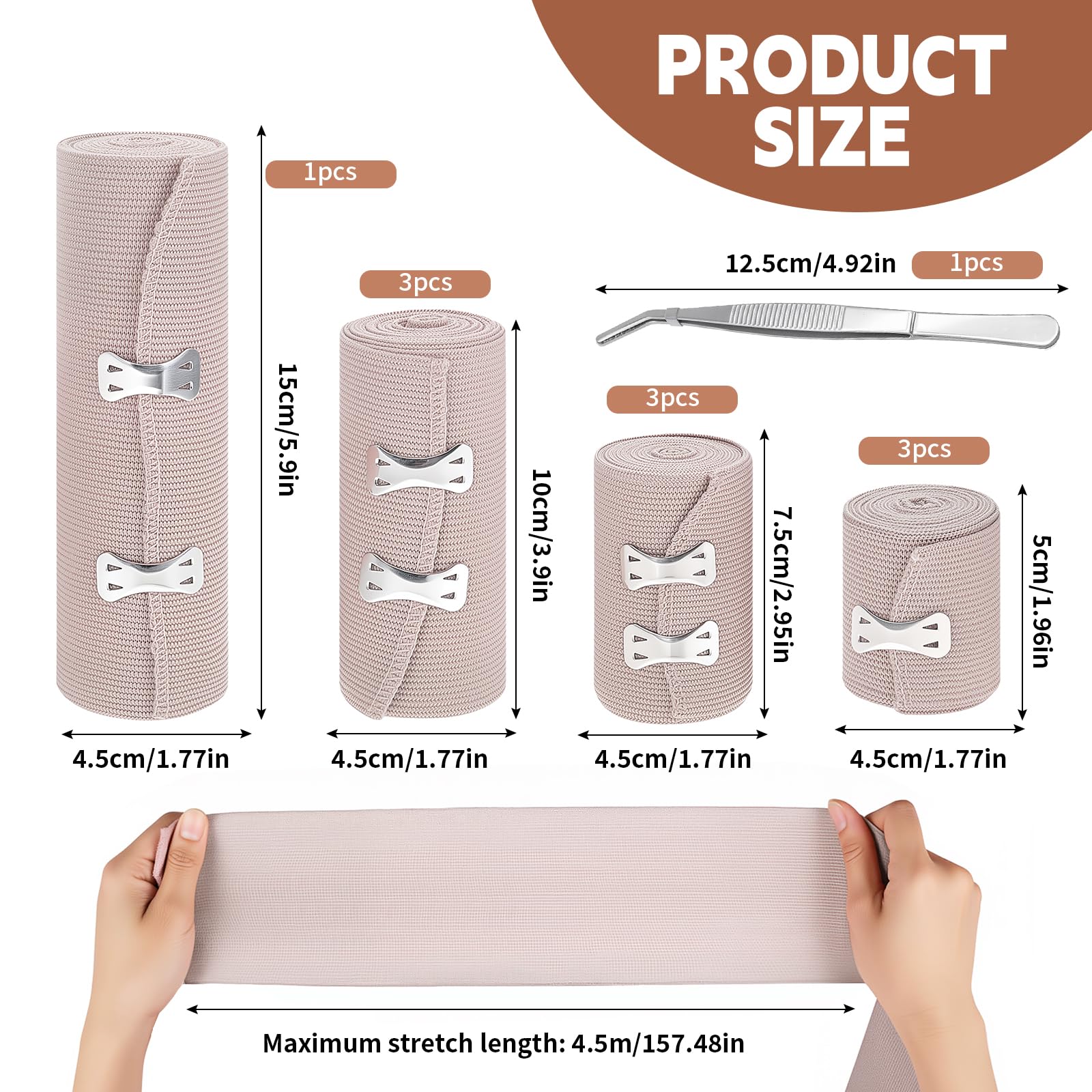 Set de 10 Vendas Elásticas de Compresión, 4 Tamaños (5/7,5/10/15 cm), Vendaje Elástico Lavable con Clip Metálico, Ideal para Muñeca, Tobillo, Rodilla y Primeros Auxilios