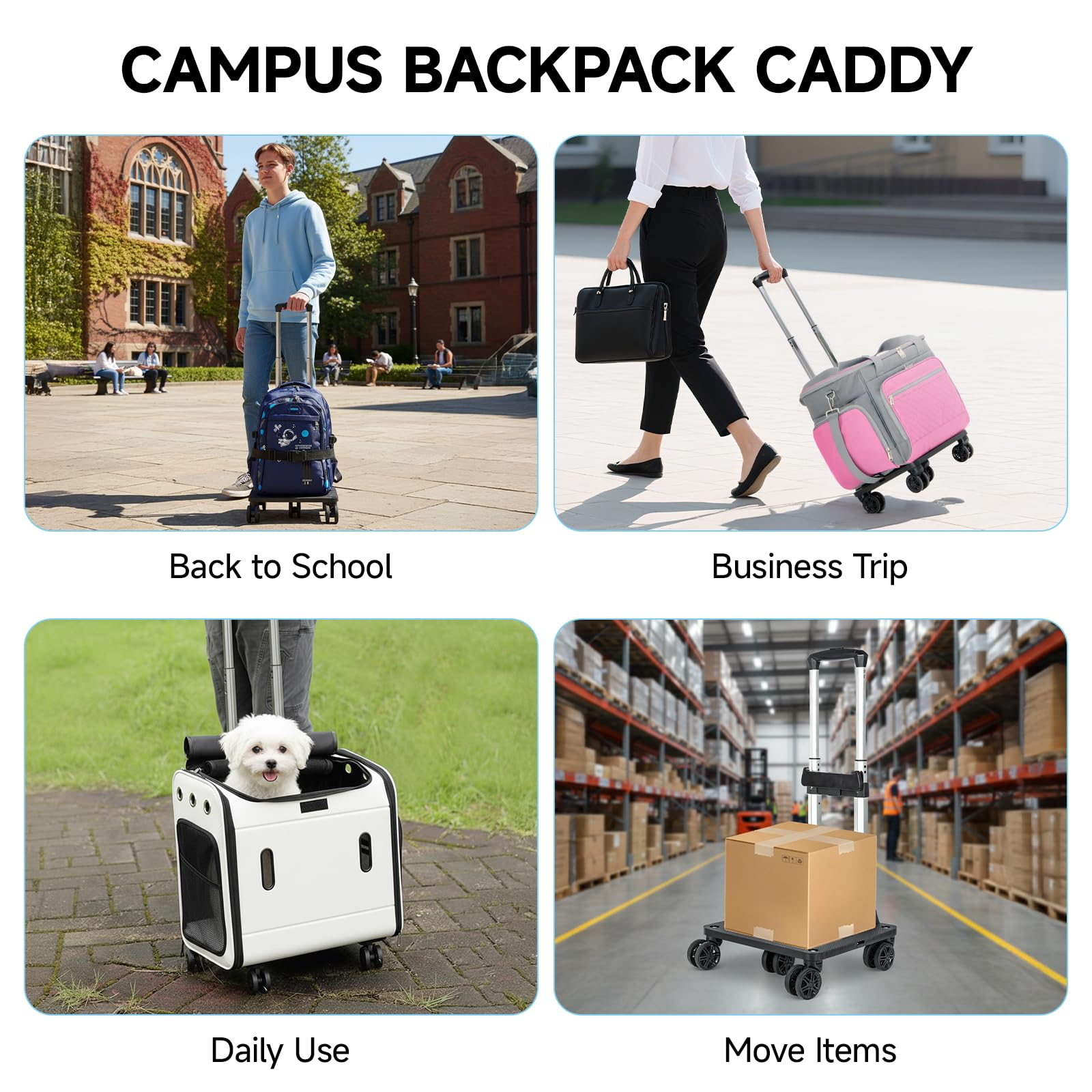Amythe Chariot pour Sac à Dos, Trolley Scolaire Universel Pliable avec 5 Roues et 2 Sangles de Fixation pour Cartable et Bagages de Voyage, Hauteur Réglable, Noir
