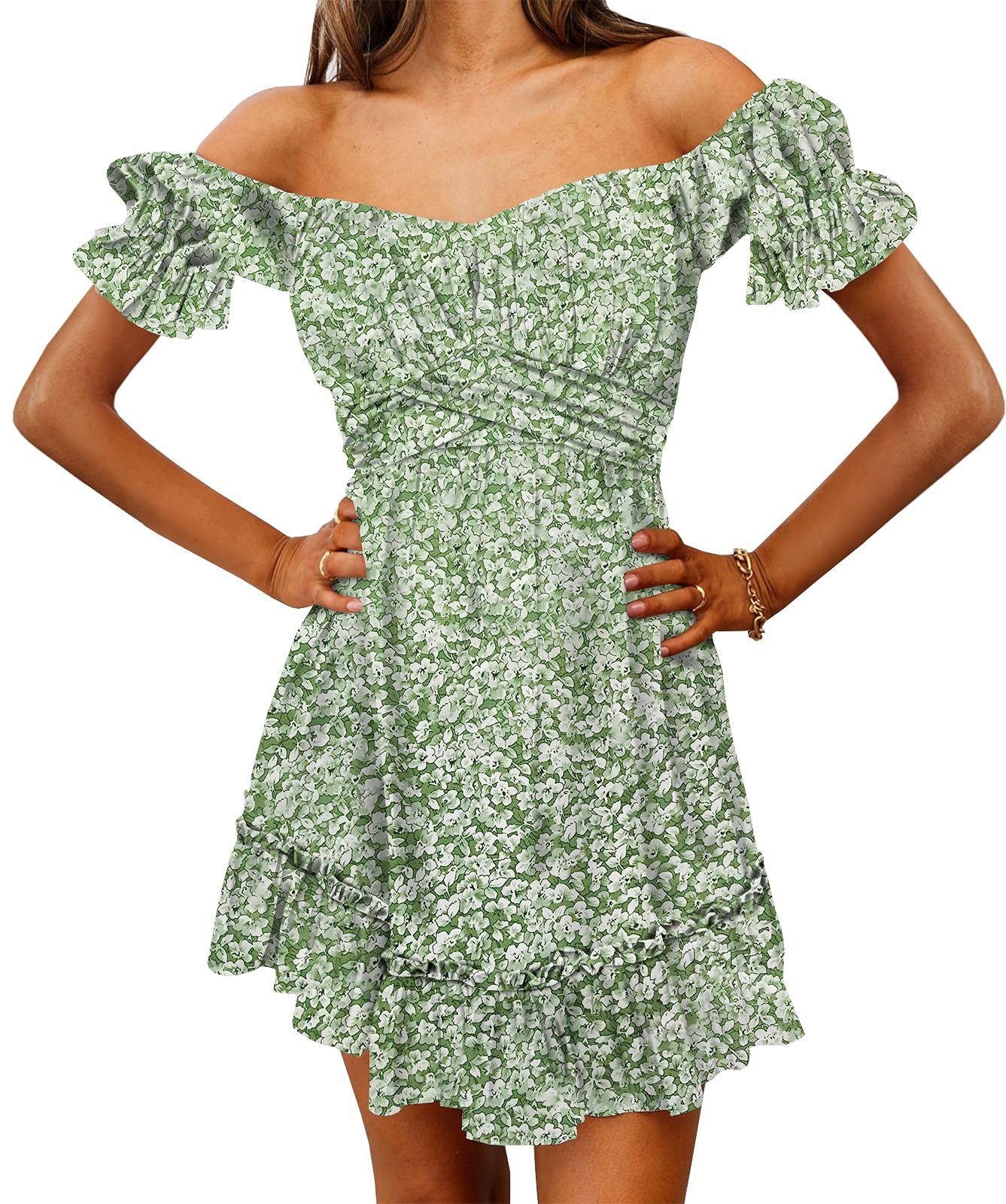 Inorin Womens Summer Boho Floral Ruffle Sweetheart Neck Elastic Waist Flowy Swing Party Beach Short Mini Dress