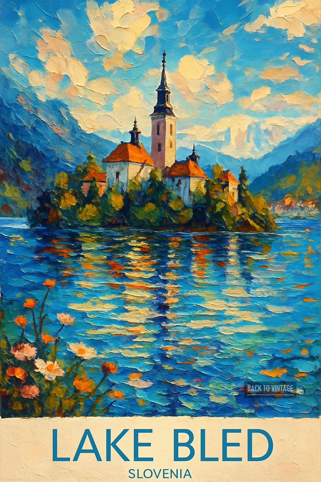 BACK TO VINTAGE Vibrant Impressionist Painting of Lake Bled with Church - A4 Travel City Poster Wall Art Home Decor Art Print with Iconic Landmarks and Global Views for Culture Inspired