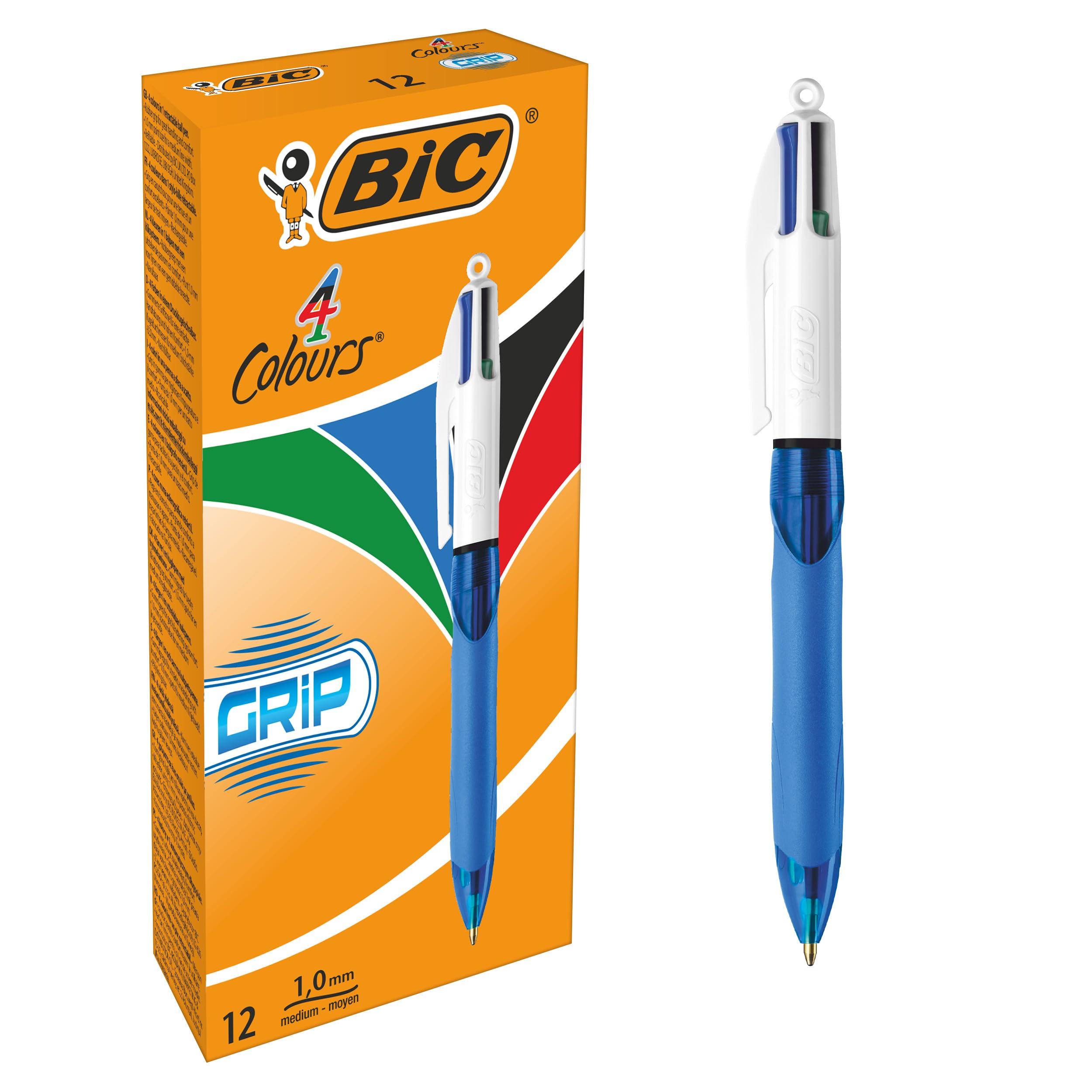 BIC Ecriture 4 Couleurs Grip Stylos-Bille Rétractables Pointe Moyenne (1,0 mm) - Grip Matelassé - Boîte de 12