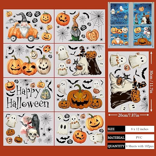 Miniatura 2 de 102 calcomanías de Halloween para ventana, diseño de calabaza, murciélago, telaraña, calavera, gnomo, para otoño, reutilizables, para ventana de