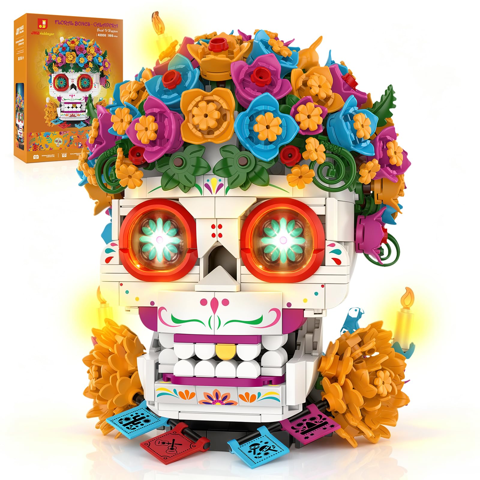 JMBricklayer Calavera Zuckerschädel Totenkopf Klemmbausteine mit LED 40008 | 986PCS Calavera Día de los Muertos Blumen Deko Bausatz mit LED Augen, 3 Kerzen & Gedenkaltar. Für Erwachsene ab 14