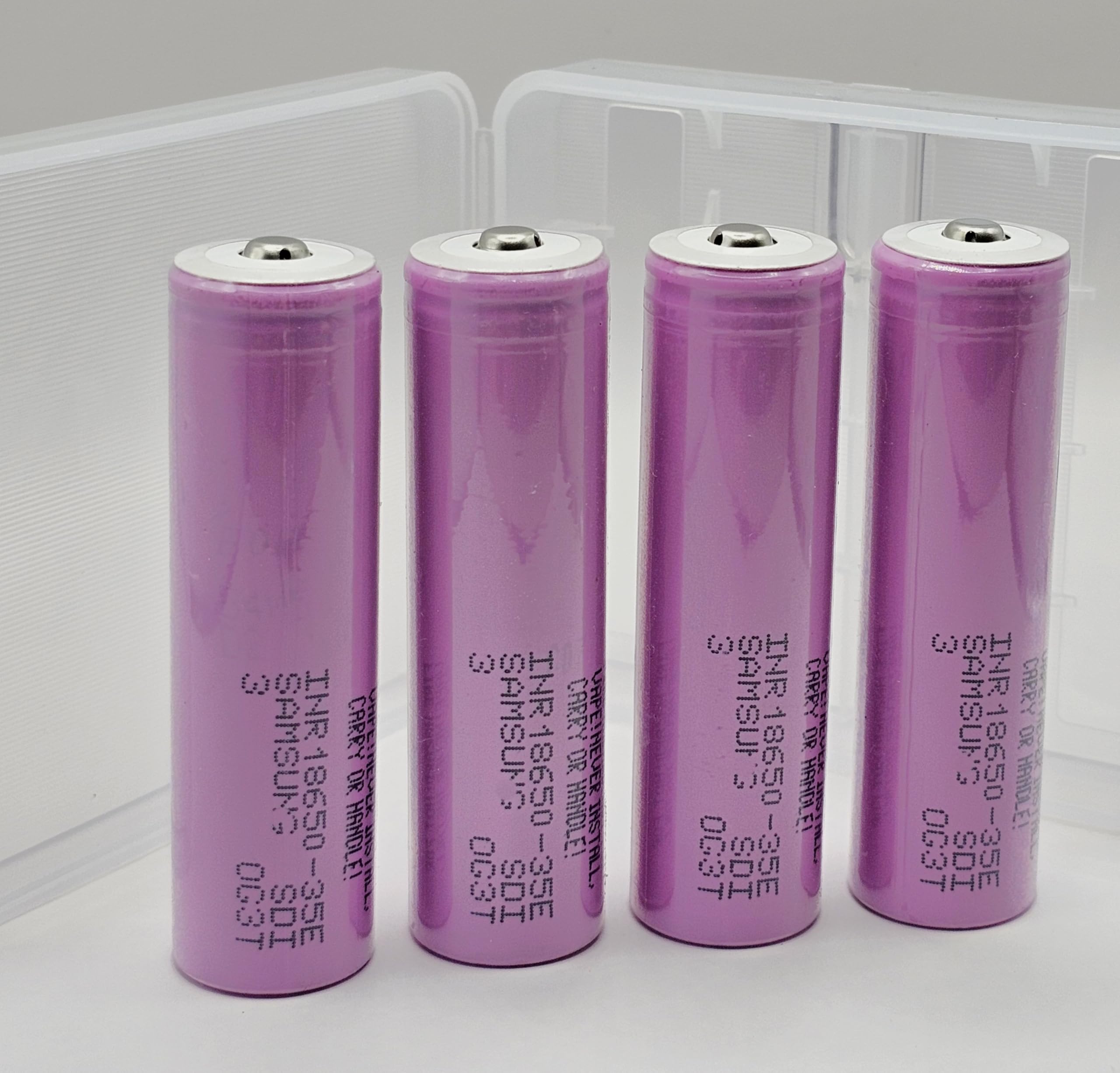4x BUTTON TOP 3400mAh SAM INR18650 35E - 3.7V - up to 13A / 50W - NiMH Rechargeable Battery.Versatile, all-round use and maximal capacity. Latest, 2025 revision. Case included.