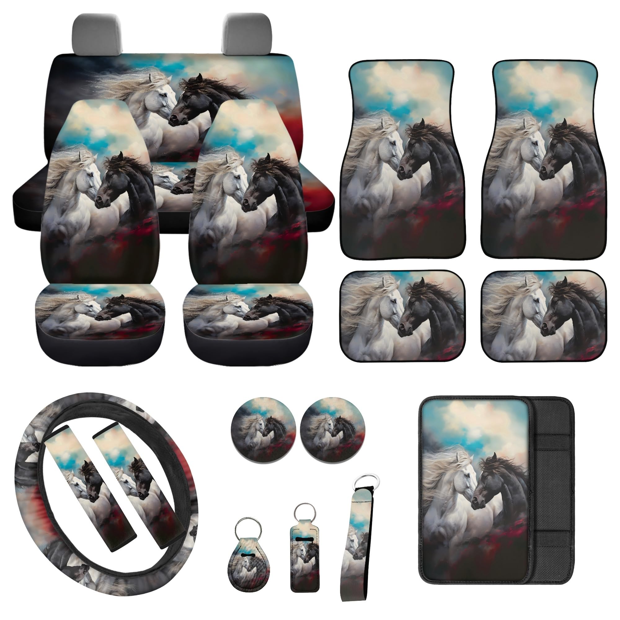 Horse Car Seat Cover Full Set for Women Men 17 Pack Car Seat Cover Floor Mats Steering Wheel
