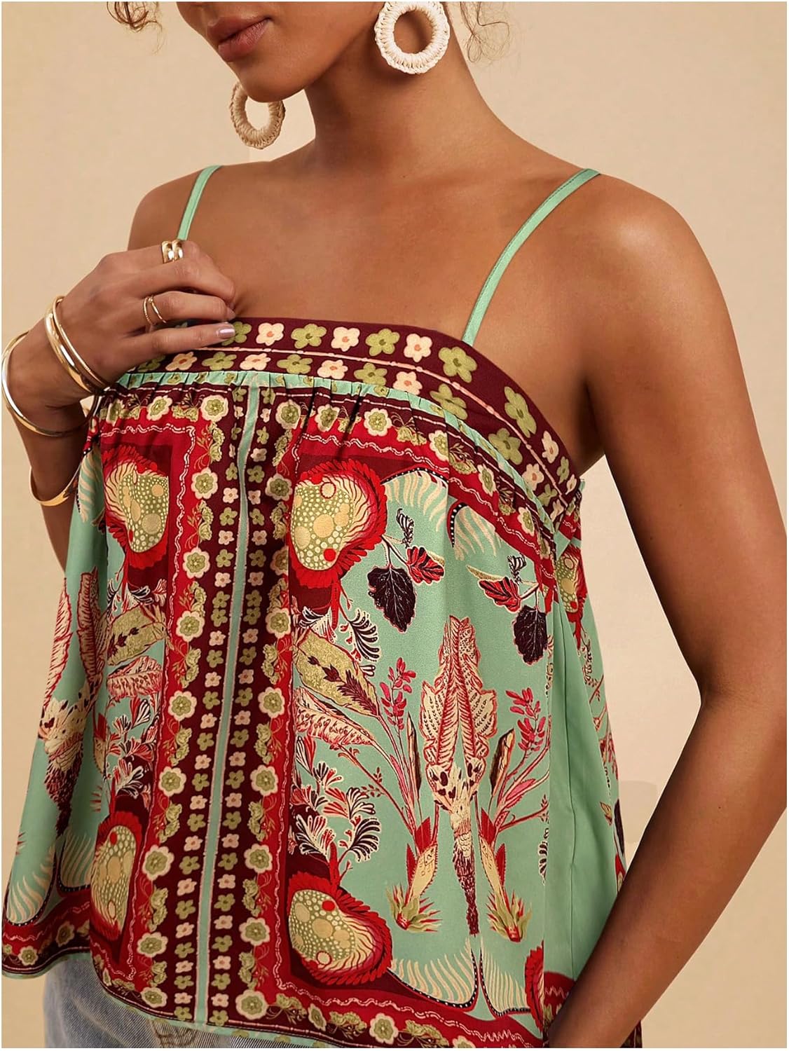 WDIRAR Women's Tropical Floral Print Cami Top Spaghetti Strap Boho Vacation Summer Tops Camisole - Image 3