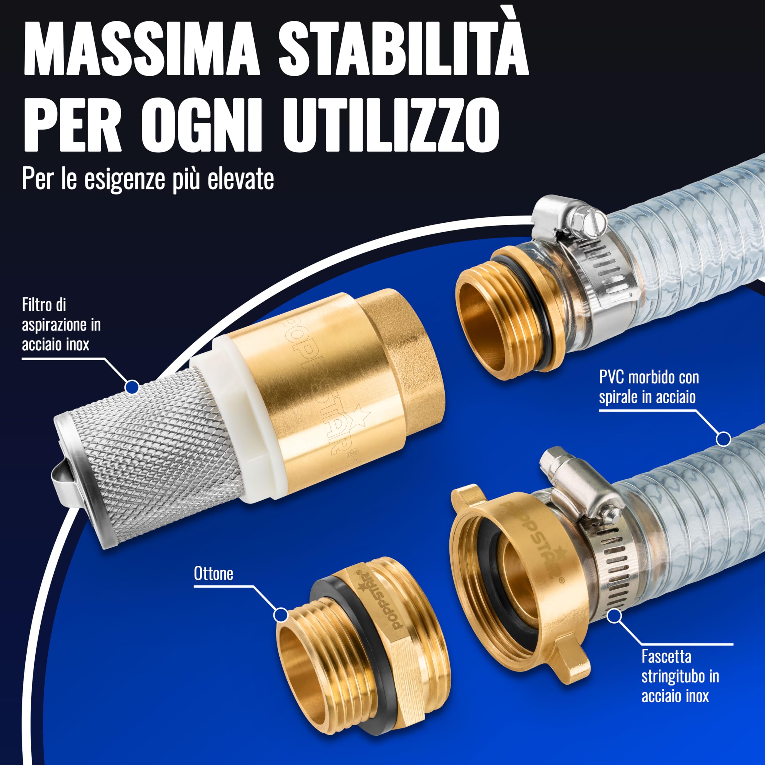 Tubo di aspirazione 1" 7m, diam. int./est. 25mm/33mm, spess. parete 4mm, incl. cestello aspirazione inox valvola ritegno, dado raccordo diam. int. 1 1/4" (41,9mm), riduttore diam. est. 1" (33,3mm)
