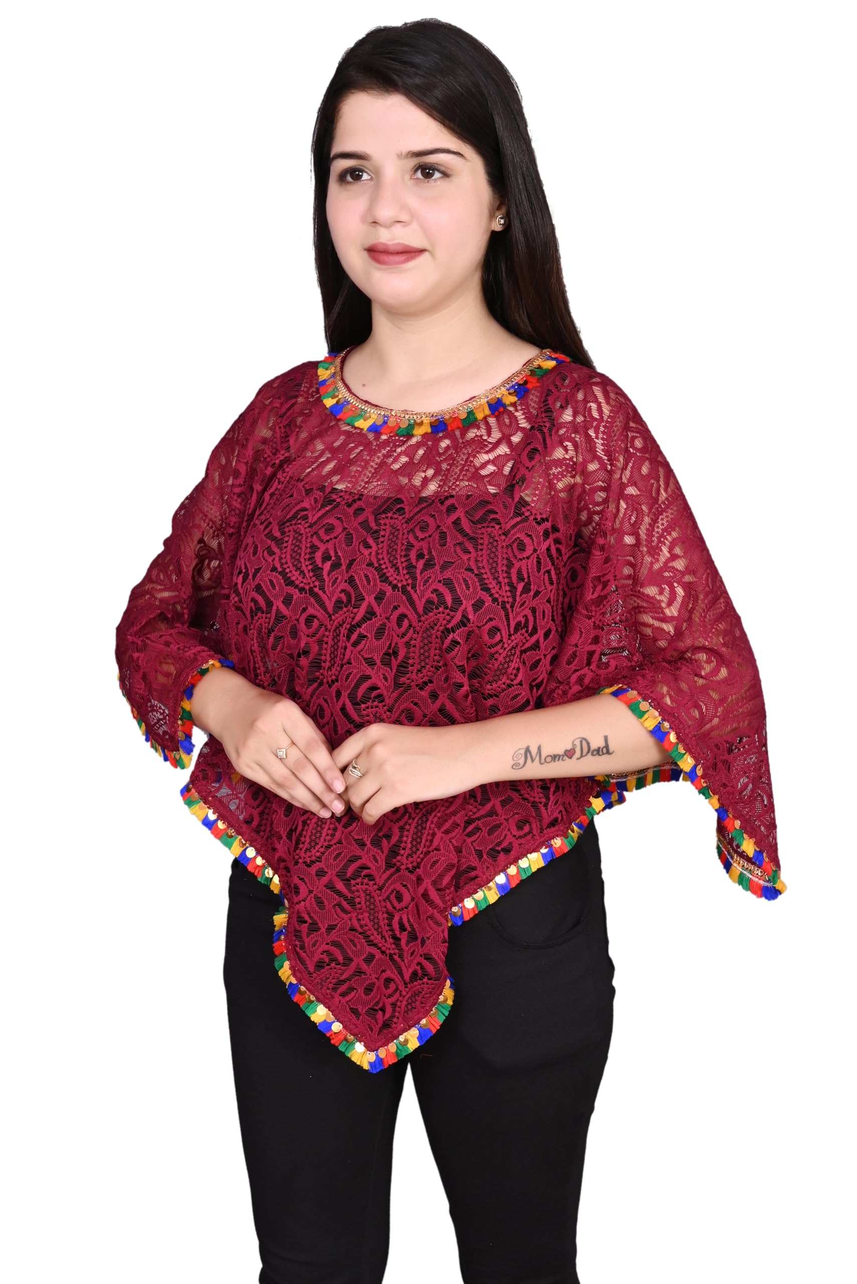 Women's and Girls Net Poncho Cape Stiched Multi Colour Lace-picture-43