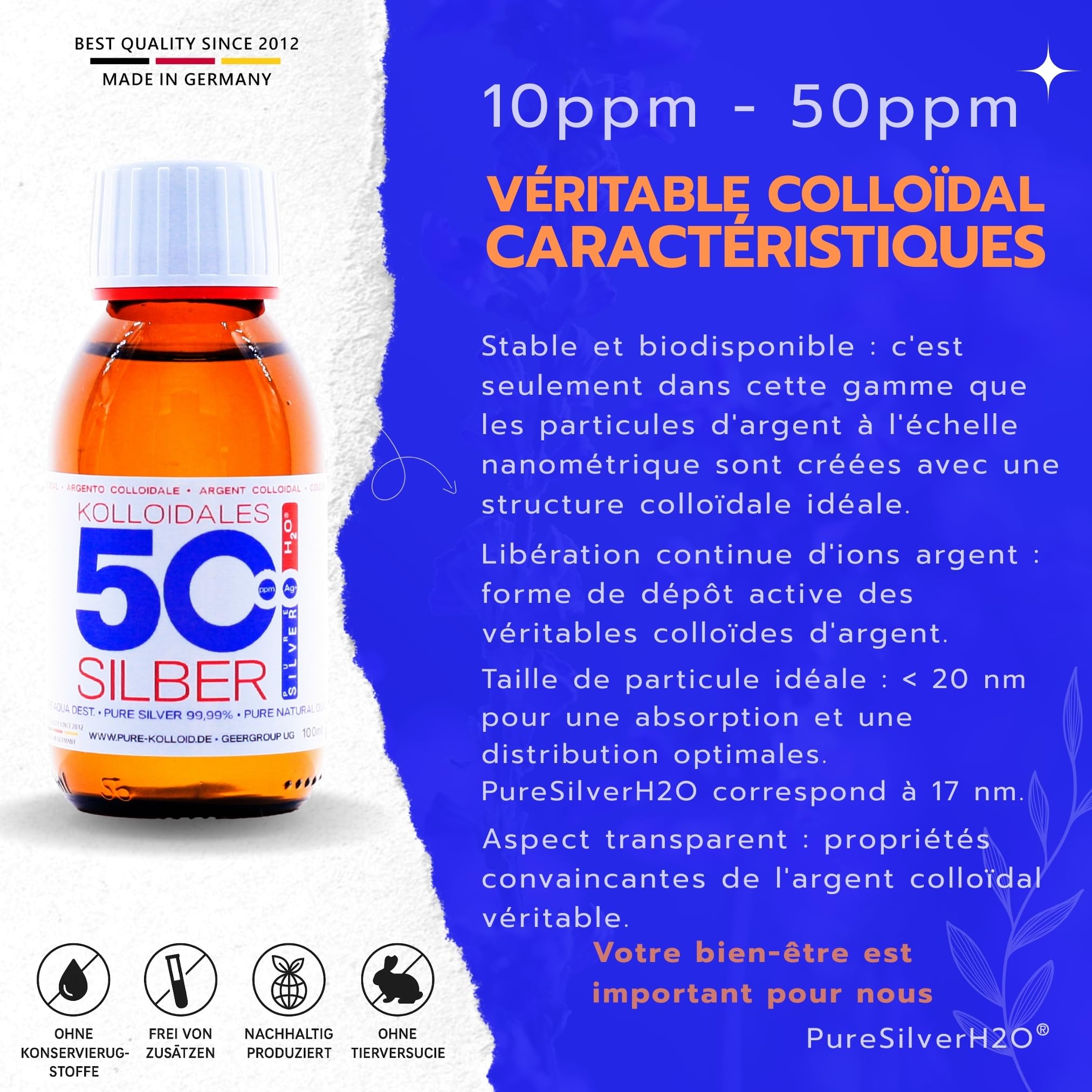Argent colloïdal 15PPM - 1600ml avec spray de 100ml | Eau d'argent de première qualité ● Qualité mesurable (PPM) ● Verre ambré et production quotidienne | Made in Germany depuis 2012