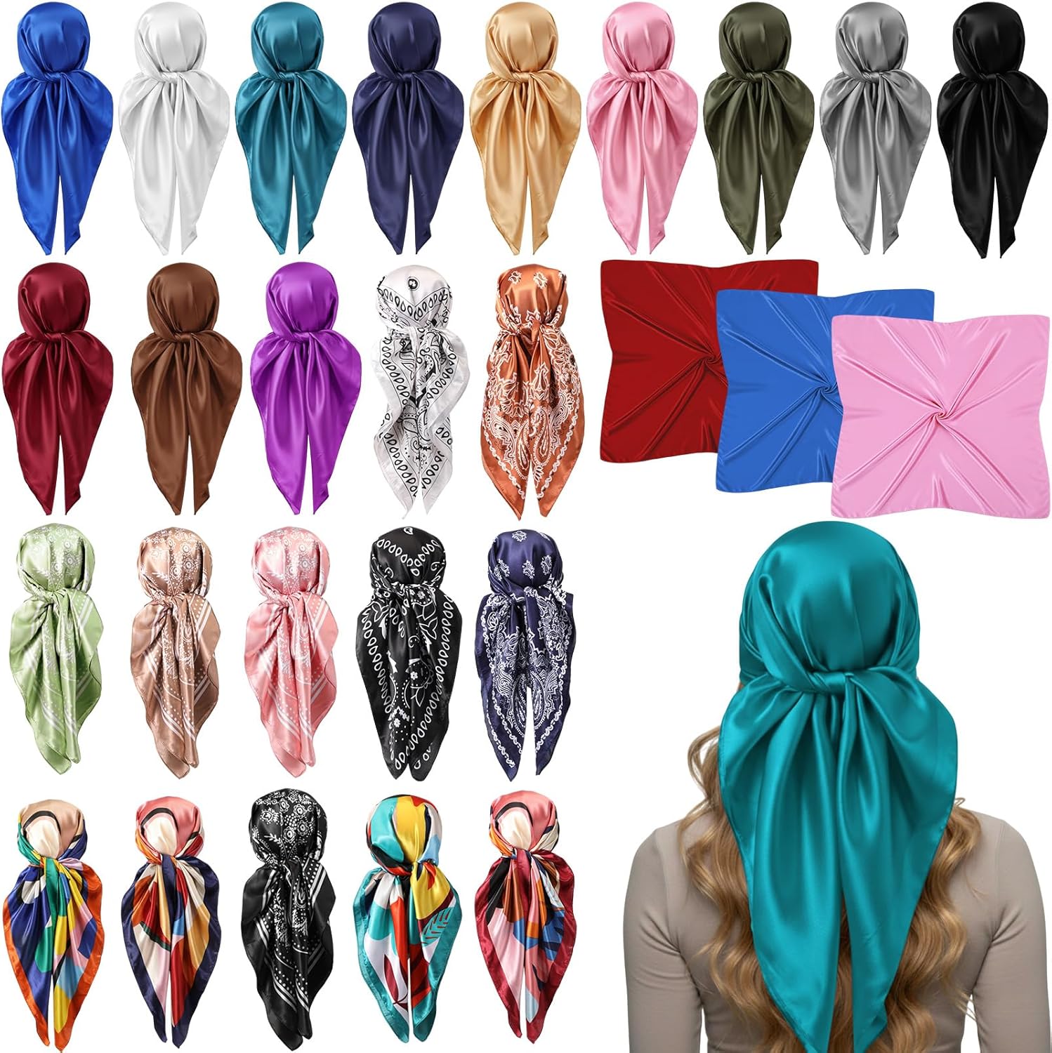 Hicarer 35 Inch Silk Head Scarf Large Square Neck Scarf Sleeping Hair Wrapping Satin Scarves for Women