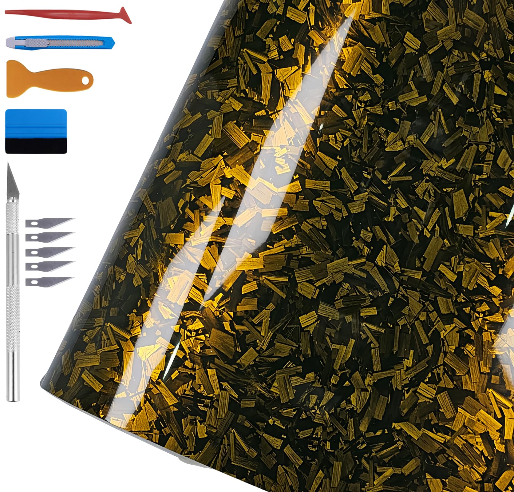 LZLRUN Gloss Gold Forged Carbon Fiber Car Vinyl Wrap Film 3ft x 10ft