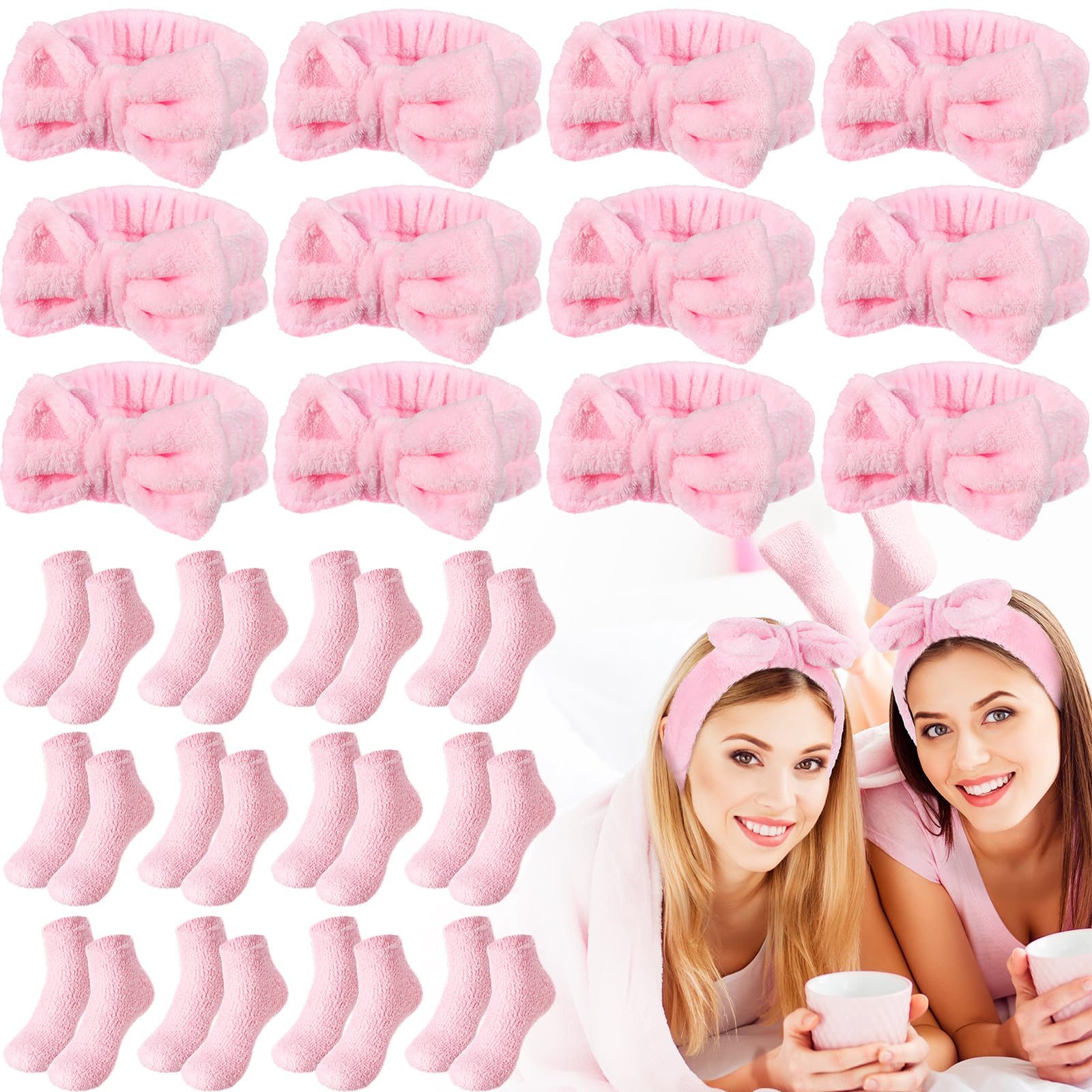 Shyyween 24 Pcs Pink Spa Party Favors Sleepover Party Supplies for Girls Include 12 Spa Headband, 12 Fuzzy Socks for Valentine Galentine Slumber