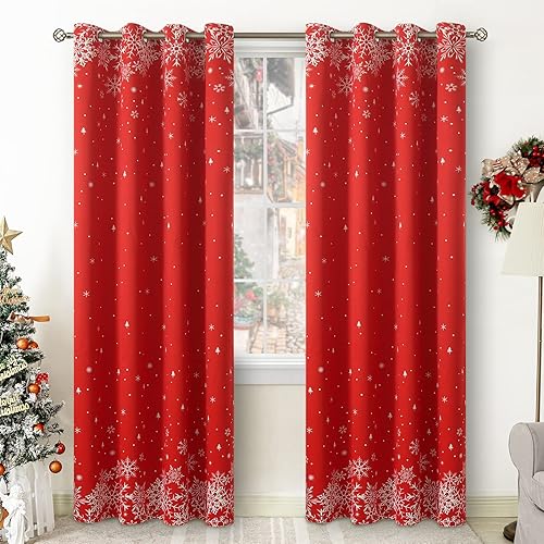 BGment Cortinas rojas de Navidad para sala de estar, decoración navideña con ojales, cortinas opacas con árbol de Navidad y estampado de copo de