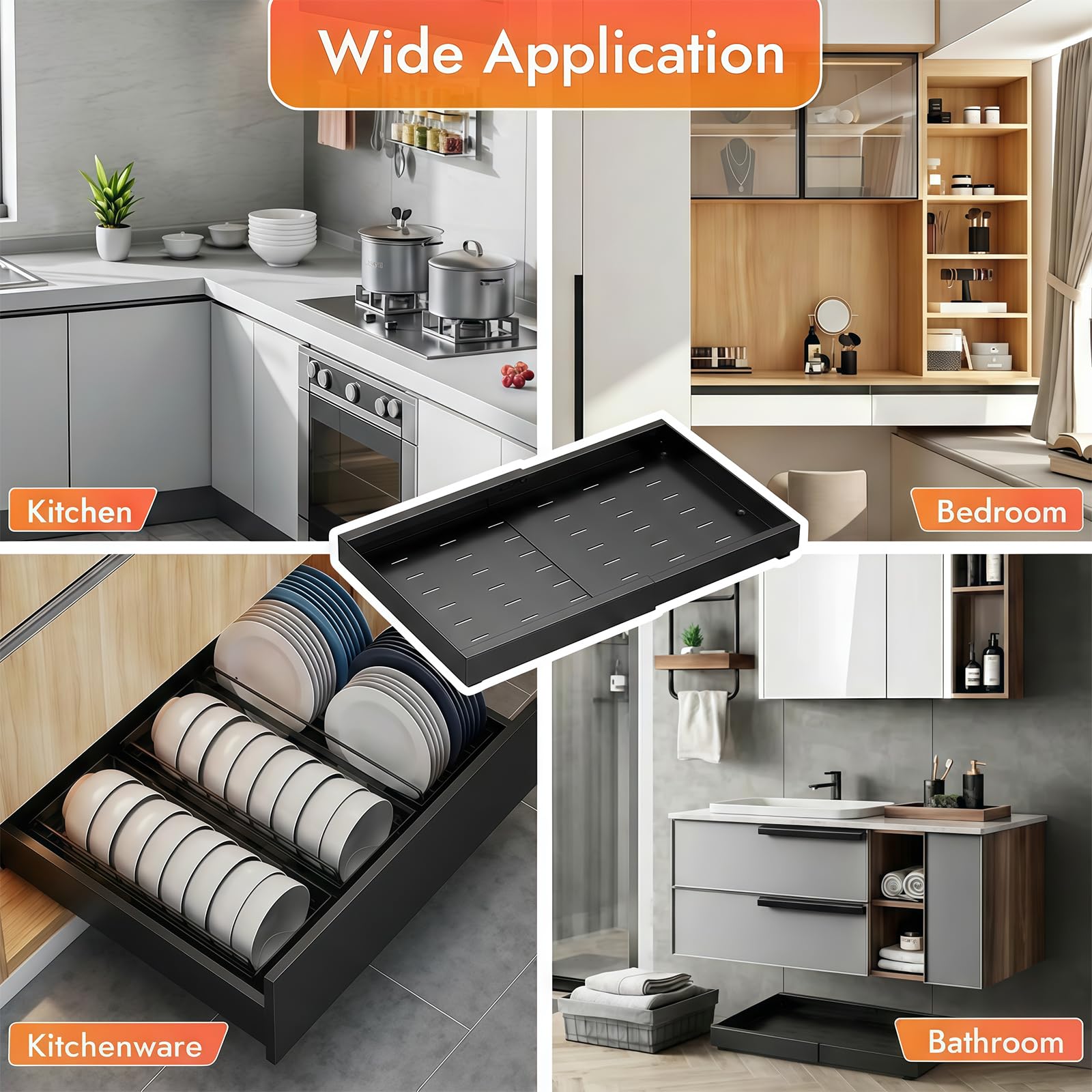 2 Pezzi Cassetto Telescopico per Cucina, Cassetto Estraibile per Mobile Cucina con Colla, Cassetto Organizzatore scorrevole telescopico, Larghezza Regolabile 32-53cm (Nero)