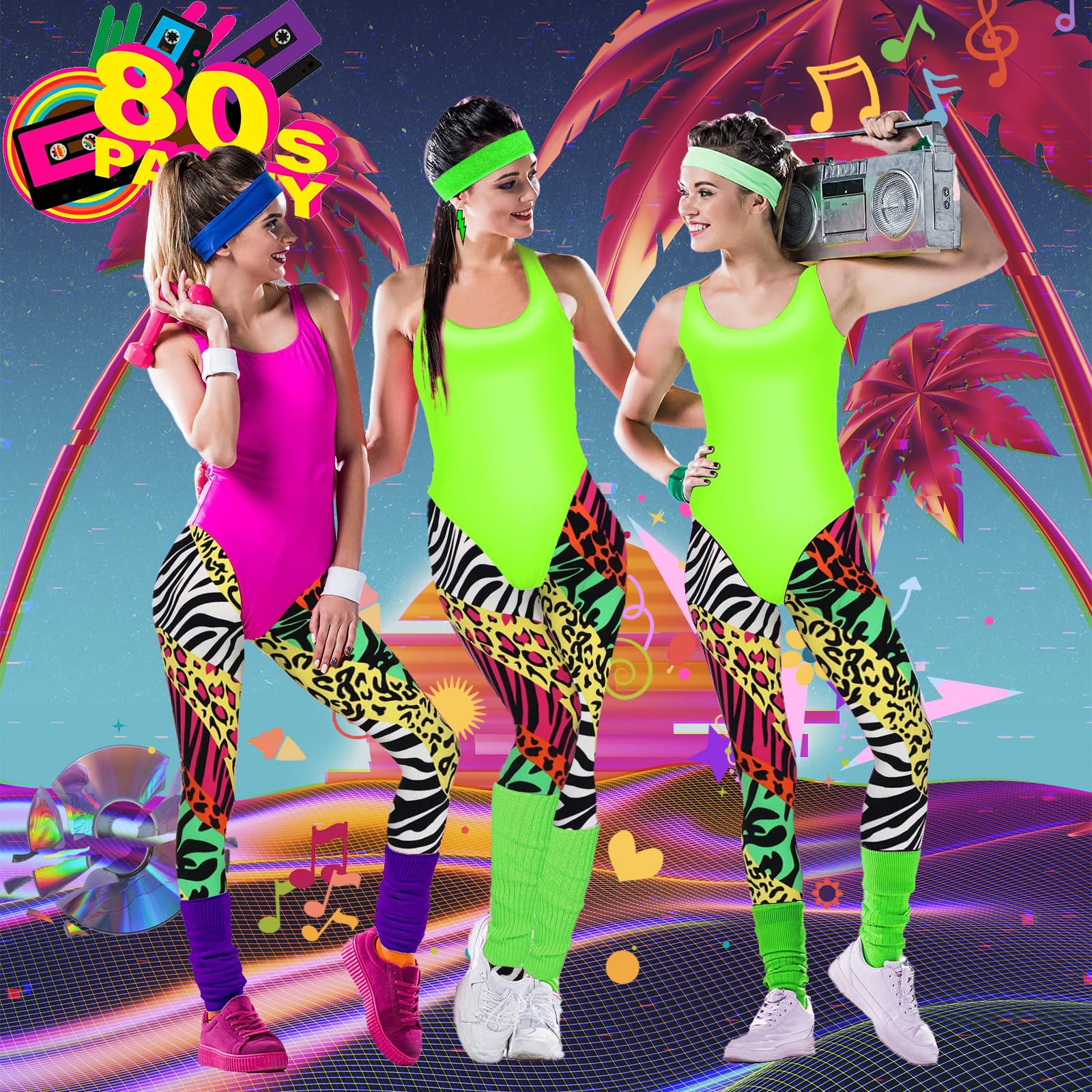 80er 90er Jahre Outfit Damen- Retro Trainingsanzug Workout Kostüm 80er Kleidung Accessoires Frauen mit 80s 90s Clothes Leggings Bauchtasche Stirnband Beinwärmer für Karneval Fasching Mottoparty Kostüm