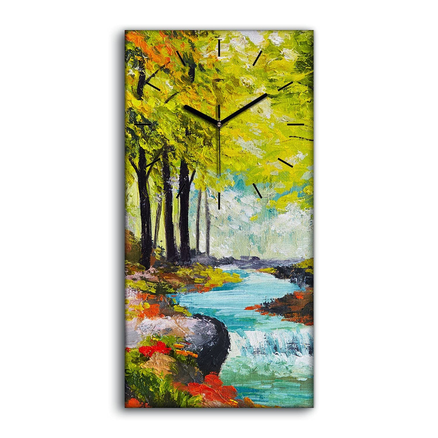 Horloge sur Toile Rivière de Paysage en Forêt d'Automne | Pendule Silencieuse Salon 30x60cm